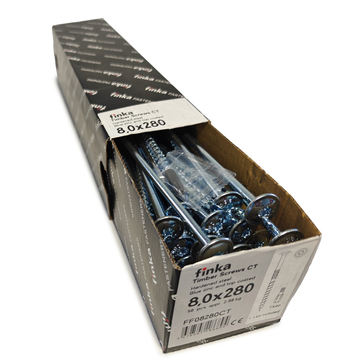 Упаковка шурупов конструкционных FINKA Timber Screws CT TX40 8.0х280 голубой цинк тарелка 50шт/уп купить в Москве Упаковка шурупов конструкционных FINKA Timber Screws CT TX40 8.0х280 голубой цинк тарелка 50шт/уп
