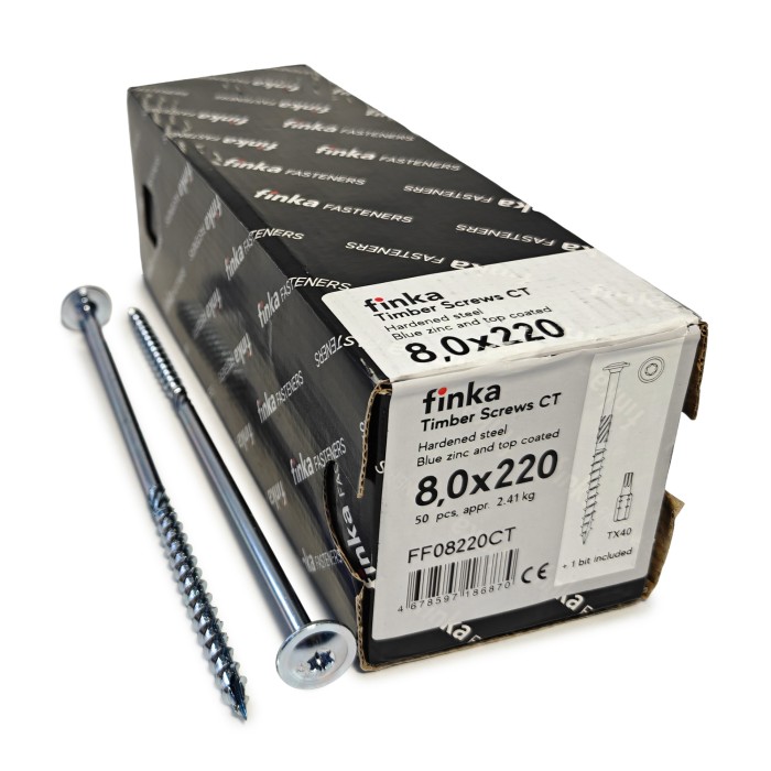 Упаковка шурупов конструкционных Finka Timber Screws CT 8.0x220TX40 голубой цинк, тарелка 50шт/уп, Упаковка шурупов конструкционных Finka Timber Screws CT 8.0x220TX40 голубой цинк, тарелка 50шт/уп