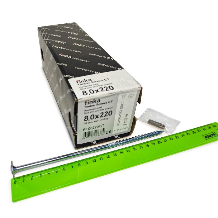 Упаковка шурупов конструкционных Finka Timber Screws CT 8.0x220TX40 голубой цинк, тарелка 50шт/уп