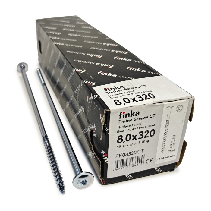 Упаковка шурупов конструкционных Finka Timber Screws CT 8.0x320TX40 голубой цинк, тарелка 50шт/уп, Упаковка шурупов конструкционных Finka Timber Screws CT 8.0x320TX40 голубой цинк, тарелка 50шт/уп
