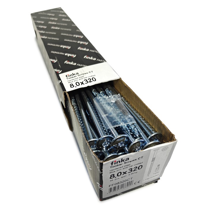 Упаковка шурупов конструкционных Finka Timber Screws CT 8.0x320TX40 голубой цинк, тарелка 50шт/уп