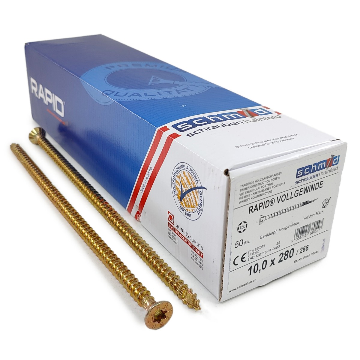 Упаковка шурупов Schmid Rapid FT FT SK Half-tip TX50 10.0х280/268 желтый цинк, полная резьба, потай 50шт/уп, желтый купить в Санкт-Петербурге Упаковка шурупов Schmid Rapid FT FT SK Half-tip TX50 10.0х280/268 желтый цинк, полная резьба, потай 50шт/уп, желтый