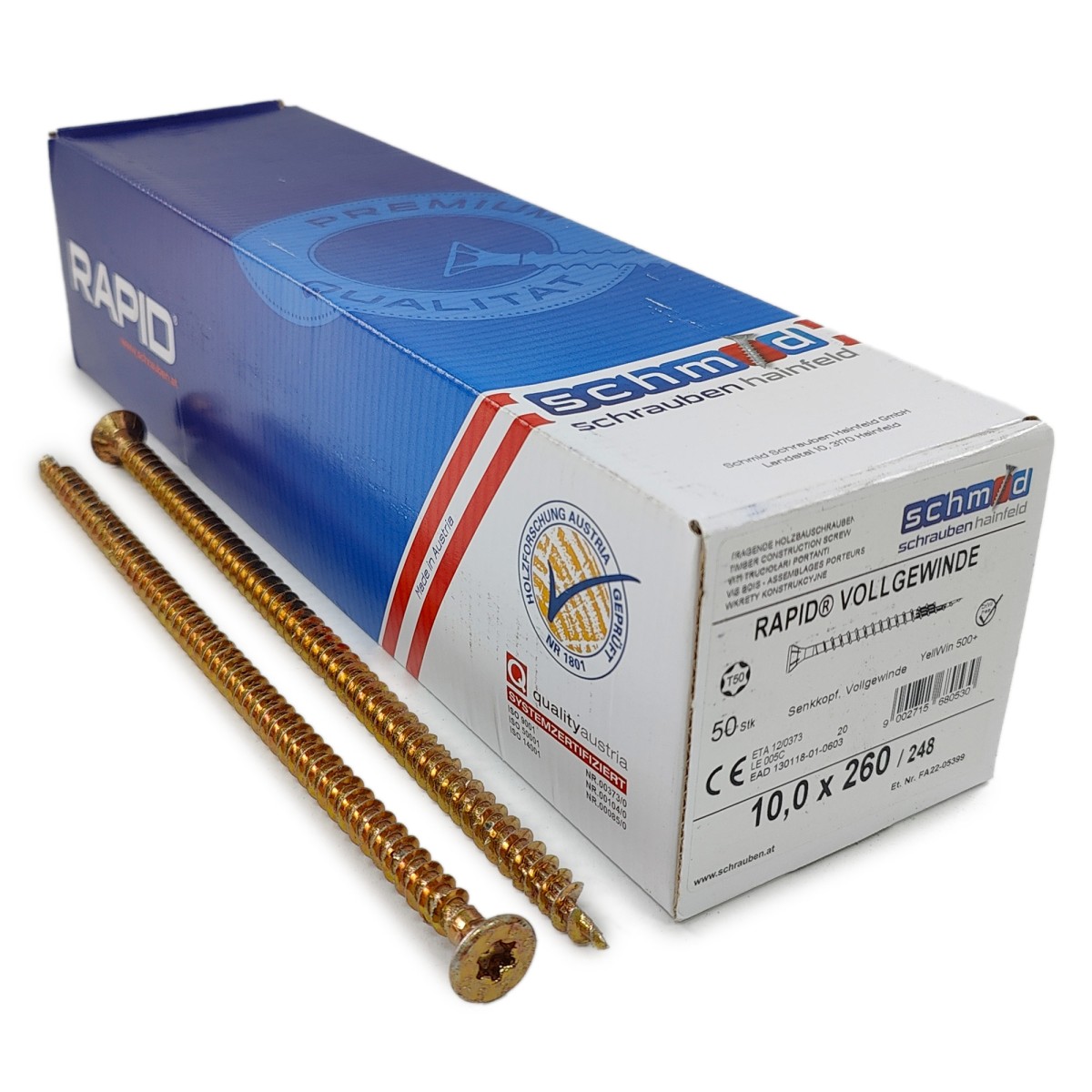 Упаковка шурупов Schmid Rapid FT FT SK Half-tip TX50 10.0х260/248 желтый цинк, полная резьба, потай 50шт/уп, желтый купить в Санкт-Петербурге Упаковка шурупов Schmid Rapid FT FT SK Half-tip TX50 10.0х260/248 желтый цинк, полная резьба, потай 50шт/уп, желтый