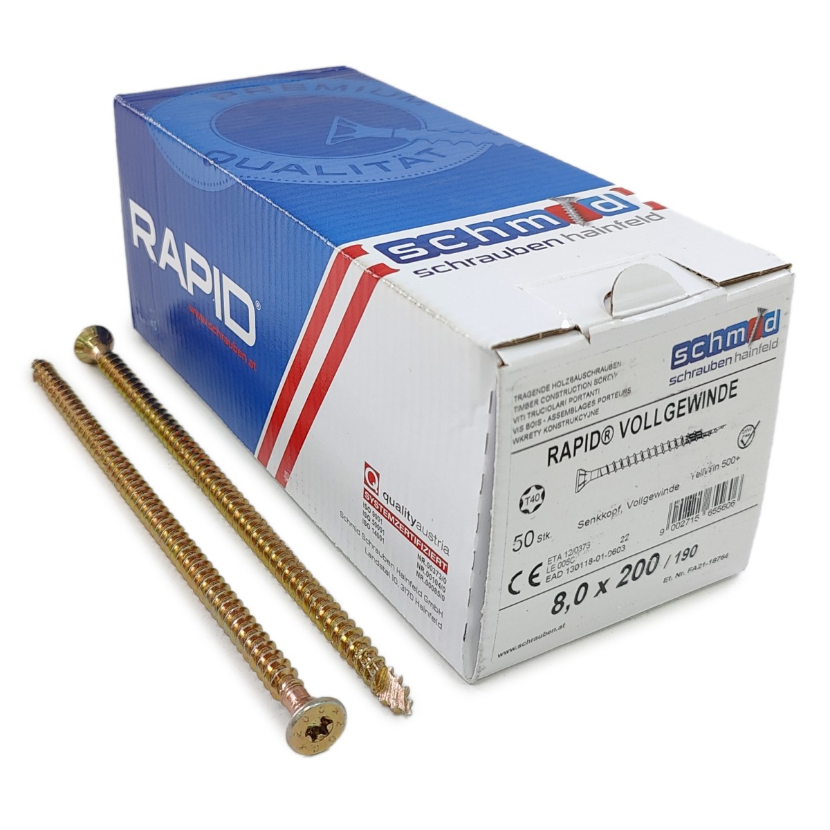 Упаковка шурупов Schmid Rapid FT FT SK Half-tip TX40 8.0х200/190 желтый цинк, полная резьба, потай 50шт/уп, желтый купить в Санкт-Петербурге Упаковка шурупов Schmid Rapid FT FT SK Half-tip TX40 8.0х200/190 желтый цинк, полная резьба, потай 50шт/уп, желтый