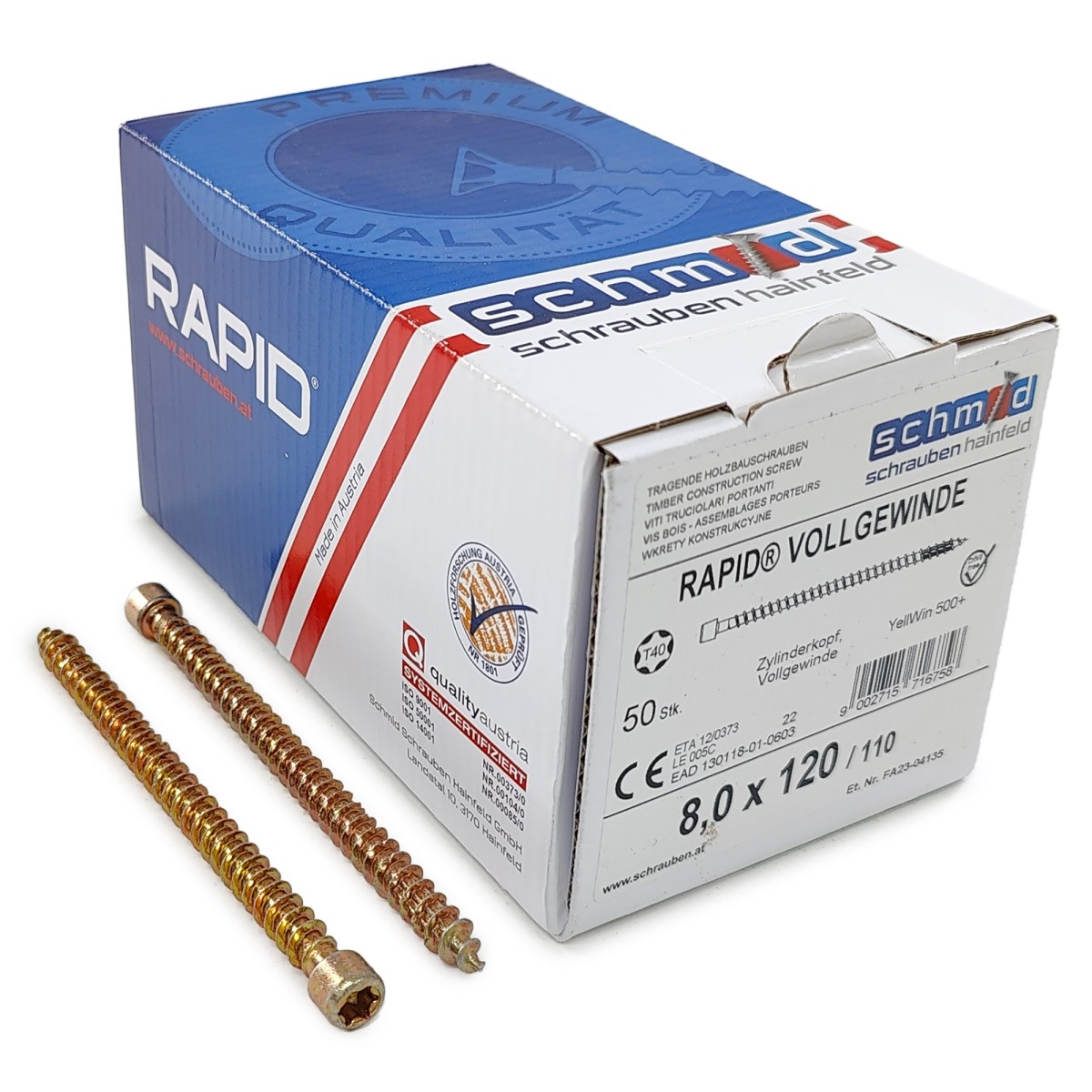 Упаковка шурупов Schmid Rapid FT CL TX40 8.0х120/110 желтый цинк, полная резьба, цилиндр 50шт/уп, желтый купить в Санкт-Петербурге Упаковка шурупов Schmid Rapid FT CL TX40 8.0х120/110 желтый цинк, полная резьба, цилиндр 50шт/уп, желтый