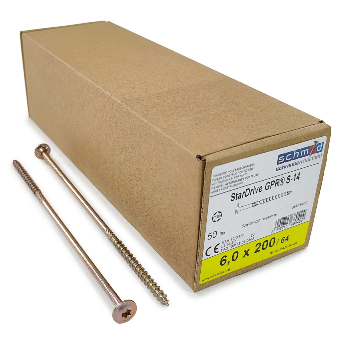 Упаковка шурупов Schmid StarDrive GPR TK TX30 6.0х200/64 желтый цинк, тарелка 50шт/уп, желтый купить в Санкт-Петербурге Упаковка шурупов Schmid StarDrive GPR TK TX30 6.0х200/64 желтый цинк, тарелка 50шт/уп, желтый