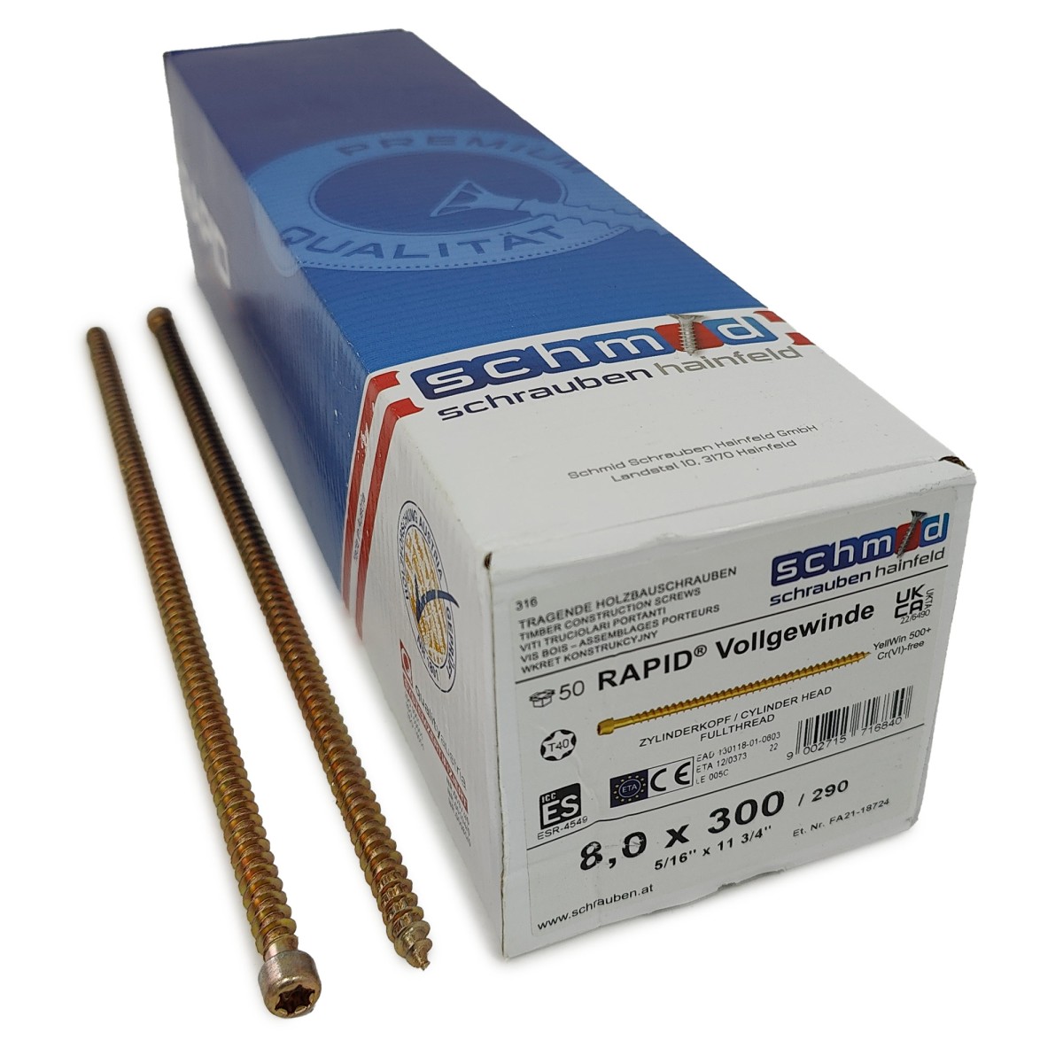 Упаковка шурупов Schmid Rapid FT CL TX40 8.0х300/290 желтый цинк, полная резьба, цилиндр 50шт/уп, желтый купить в Санкт-Петербурге Упаковка шурупов Schmid Rapid FT CL TX40 8.0х300/290 желтый цинк, полная резьба, цилиндр 50шт/уп, желтый
