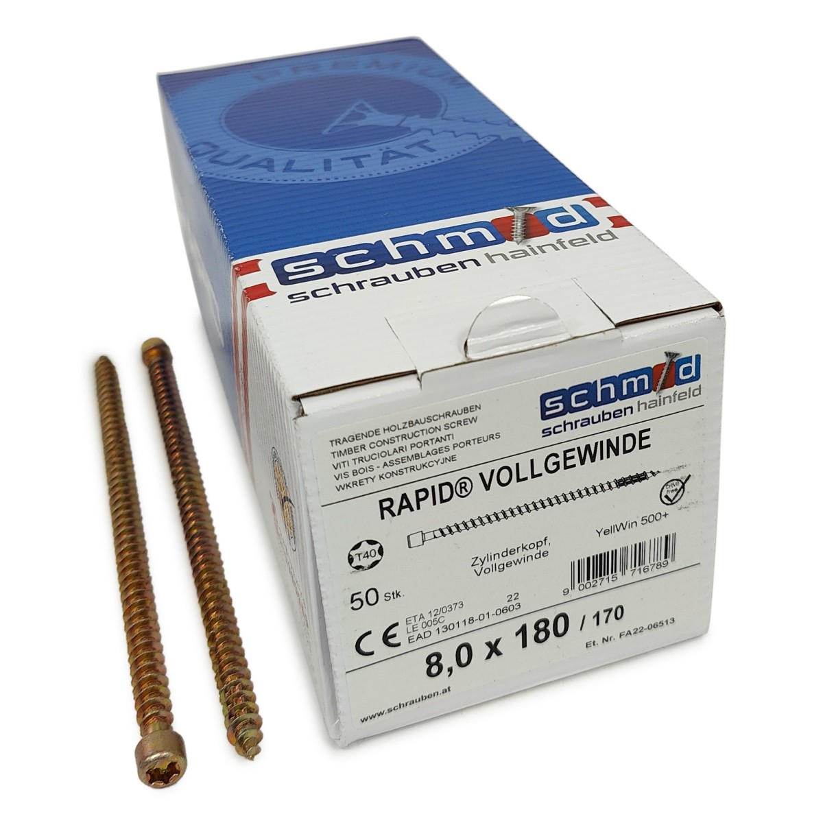 Упаковка шурупов Schmid Rapid FT CL TX40 8.0х180/170 желтый цинк, полная резьба, цилиндр 50шт/уп, желтый купить в Санкт-Петербурге Упаковка шурупов Schmid Rapid FT CL TX40 8.0х180/170 желтый цинк, полная резьба, цилиндр 50шт/уп, желтый