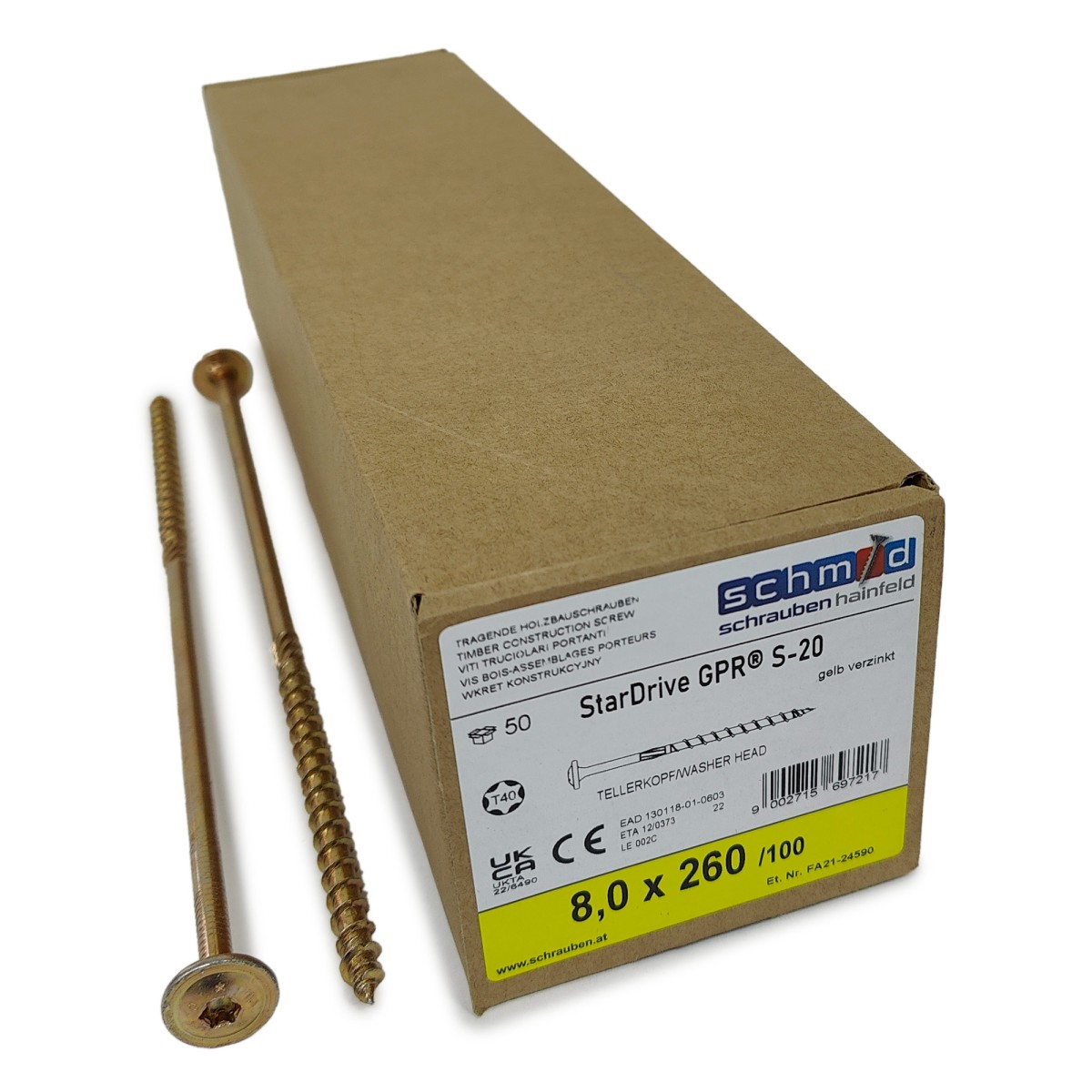 Упаковка шурупов Schmid StarDrive GPR TK TX40 8.0х260/100 желтый цинк, тарелка 50шт/уп, желтый купить в Санкт-Петербурге Упаковка шурупов Schmid StarDrive GPR TK TX40 8.0х260/100 желтый цинк, тарелка 50шт/уп, желтый