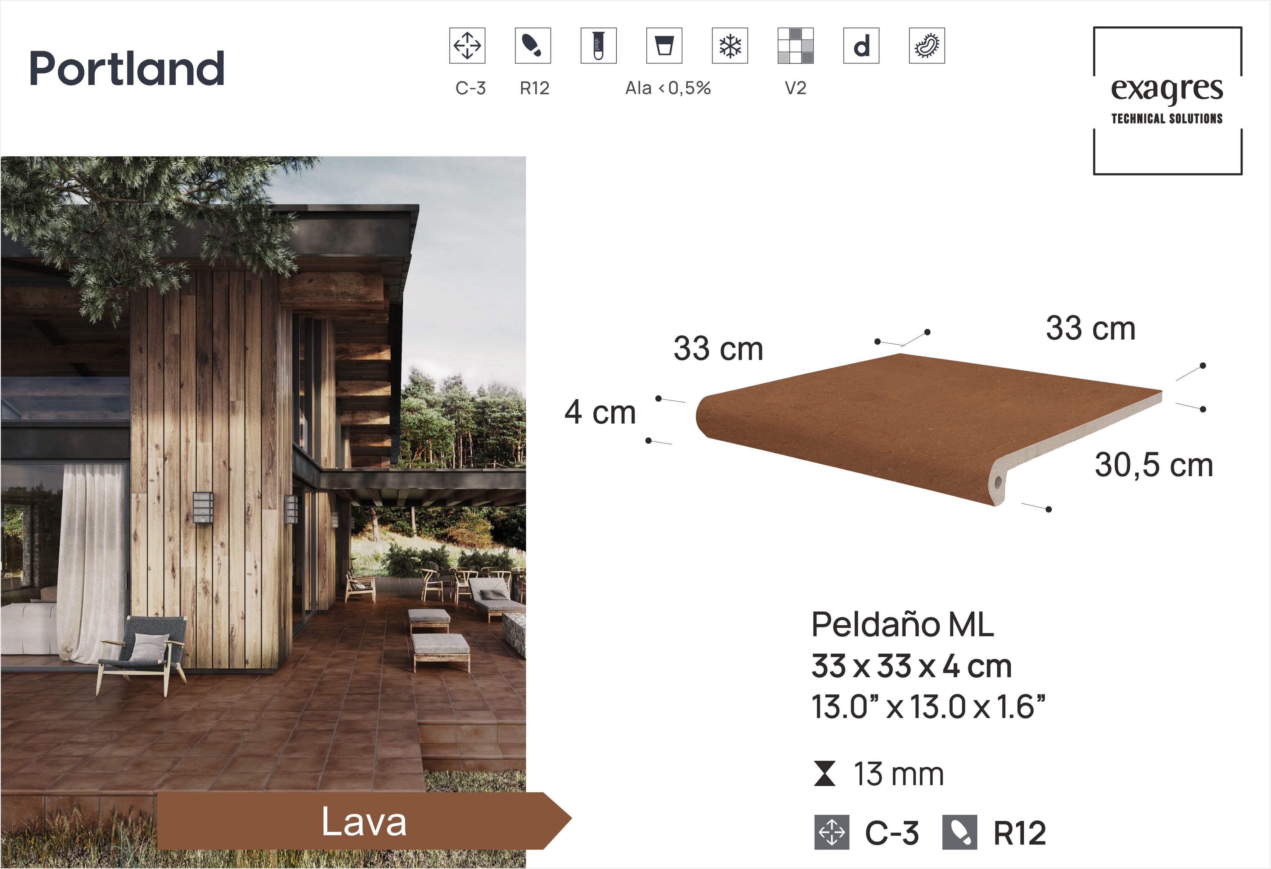 Ступень фронтальная Peldano Florentino Portland Lava 33х33х1.3 антислип 4шт/упак Exagres
