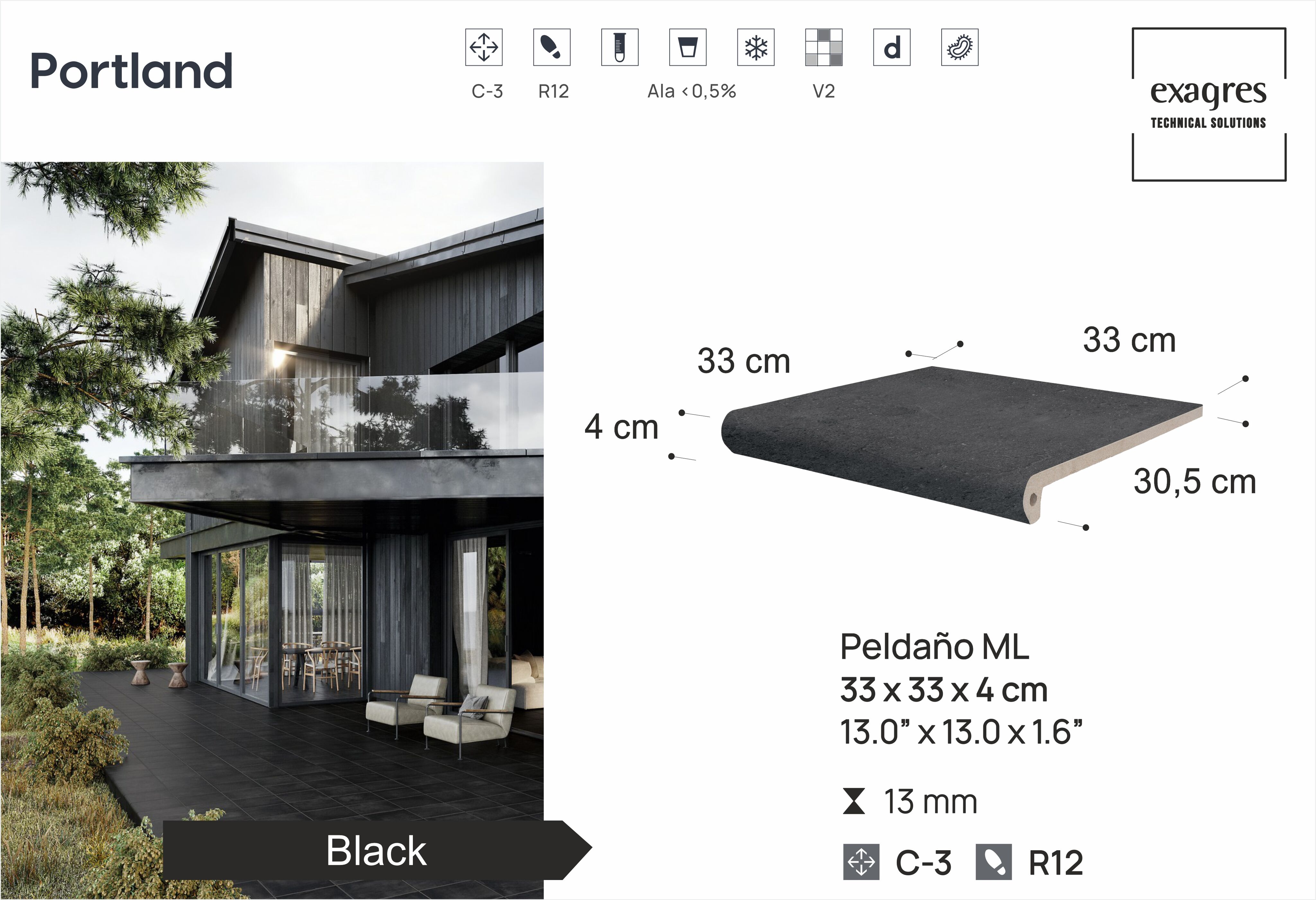 Ступень фронтальная Peldano Florentino Portland Black 33х33х1.3 антислип 4шт/упак Exagres