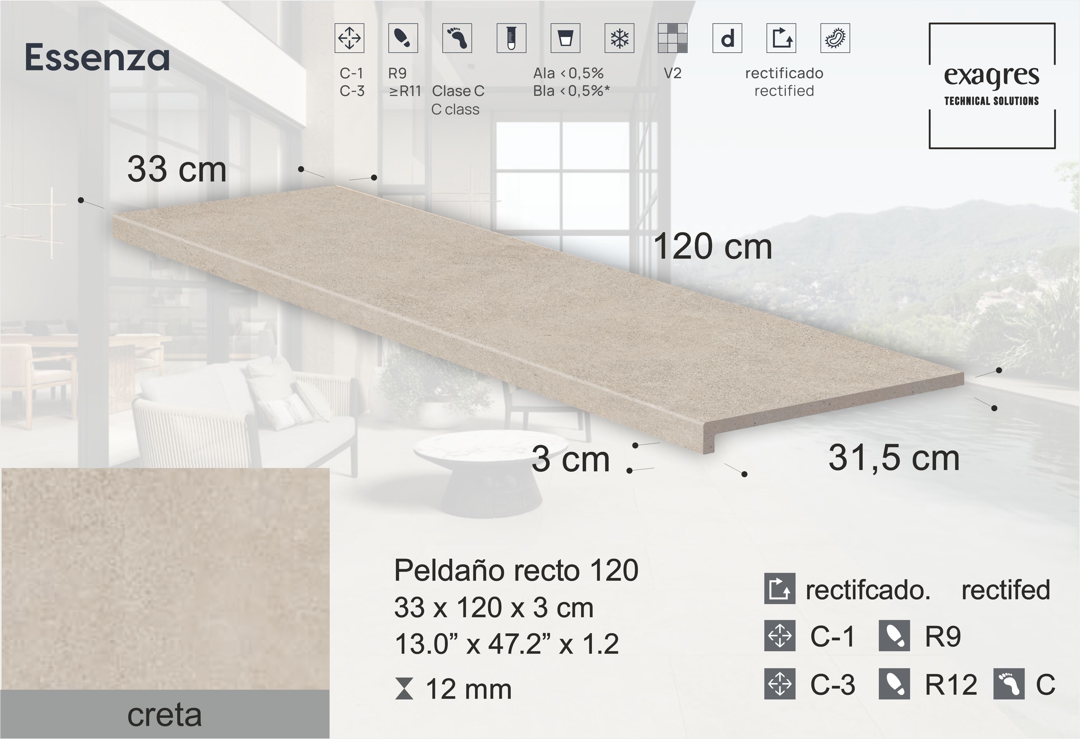 Ступень фронтальная Peldano Recto Essenza Creta С3 33х120х1.2см антислип 2шт/уп Exagres купить в Санкт-Петербурге Ступень фронтальная Peldano Recto Essenza Creta С3 33х120х1.2см антислип 2шт/уп Exagres