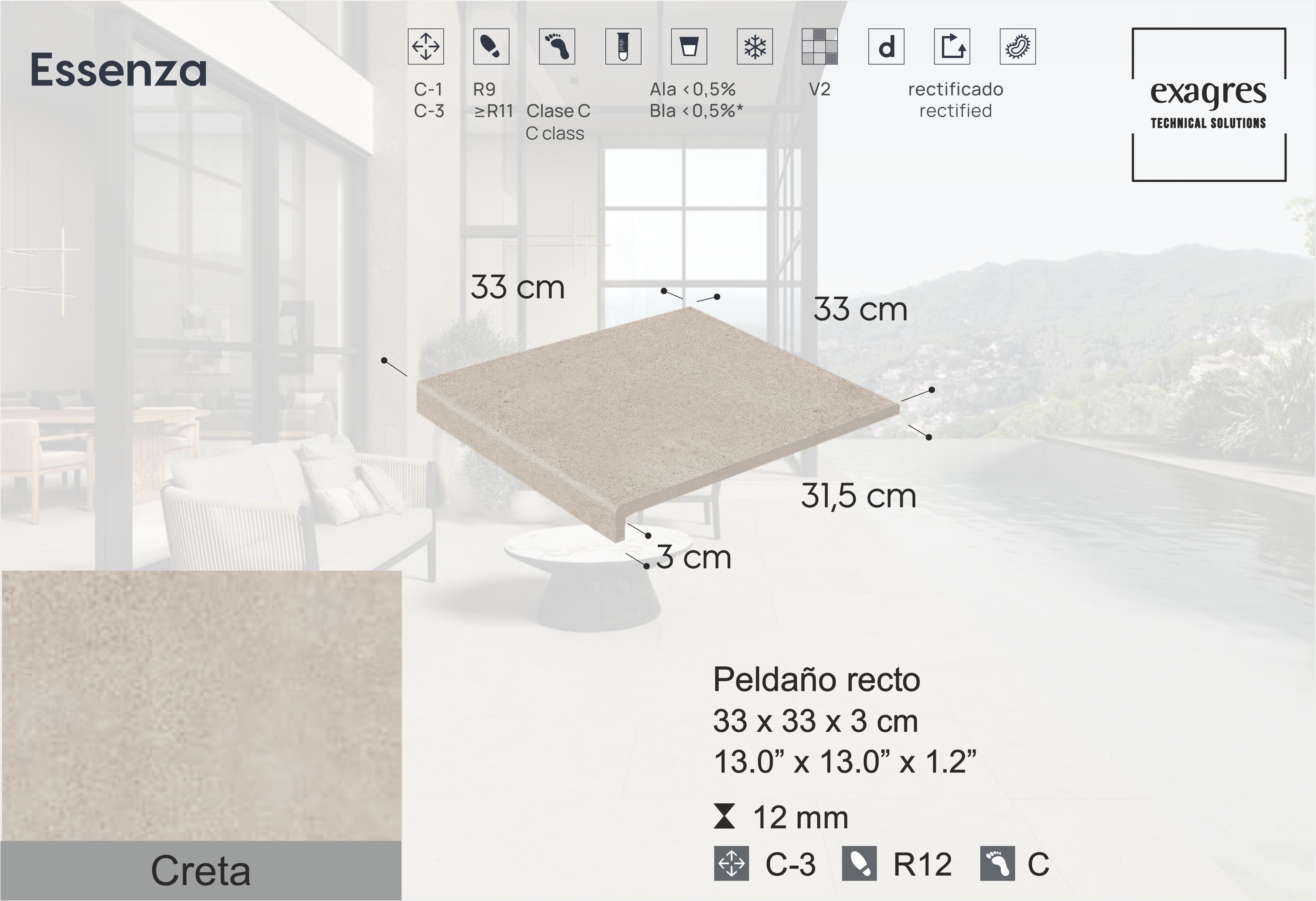 Ступень фронтальная Peldano Florentino Essenza Creta С3 33х33х1.3см антислип 4шт/уп Exagres купить в Санкт-Петербурге Ступень фронтальная Peldano Florentino Essenza Creta С3 33х33х1.3см антислип 4шт/уп Exagres