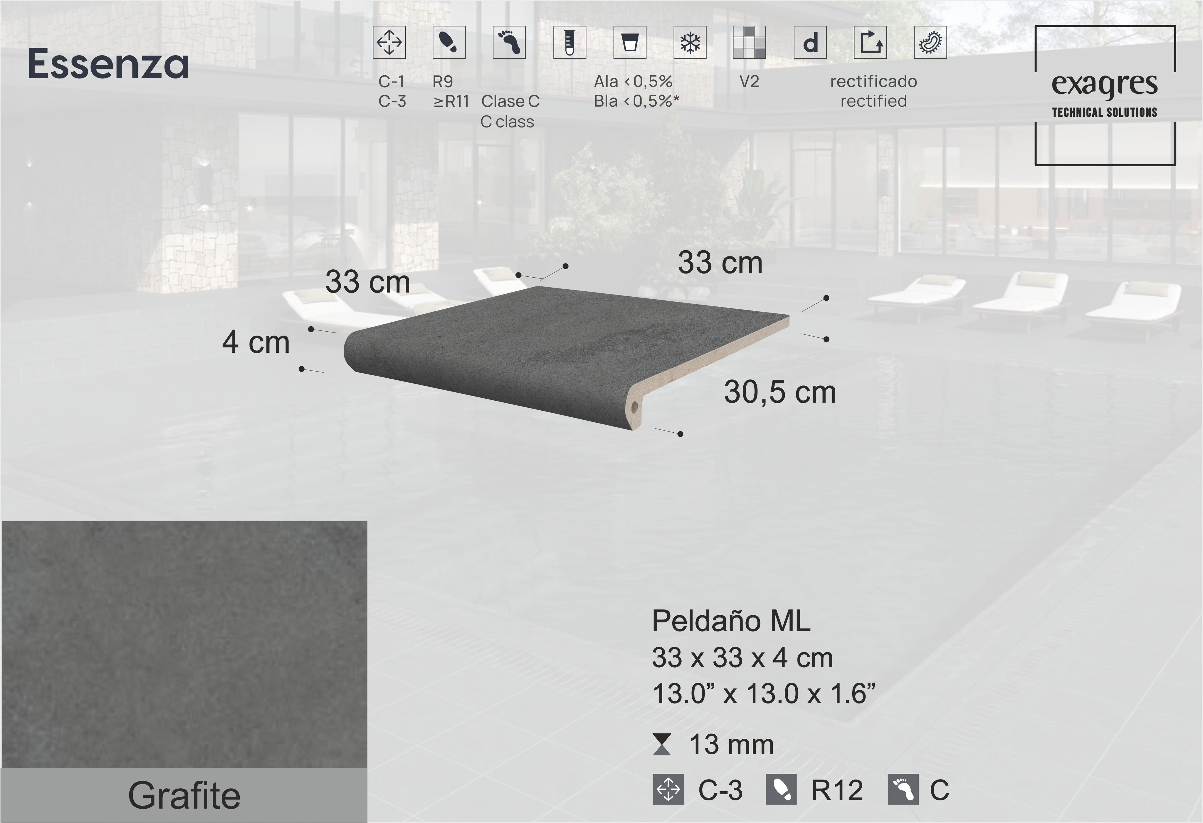 Ступень фронтальная Peldano Florentino Essenza Grafite С3 33х33х1.3см антислип 4шт/уп Exagres