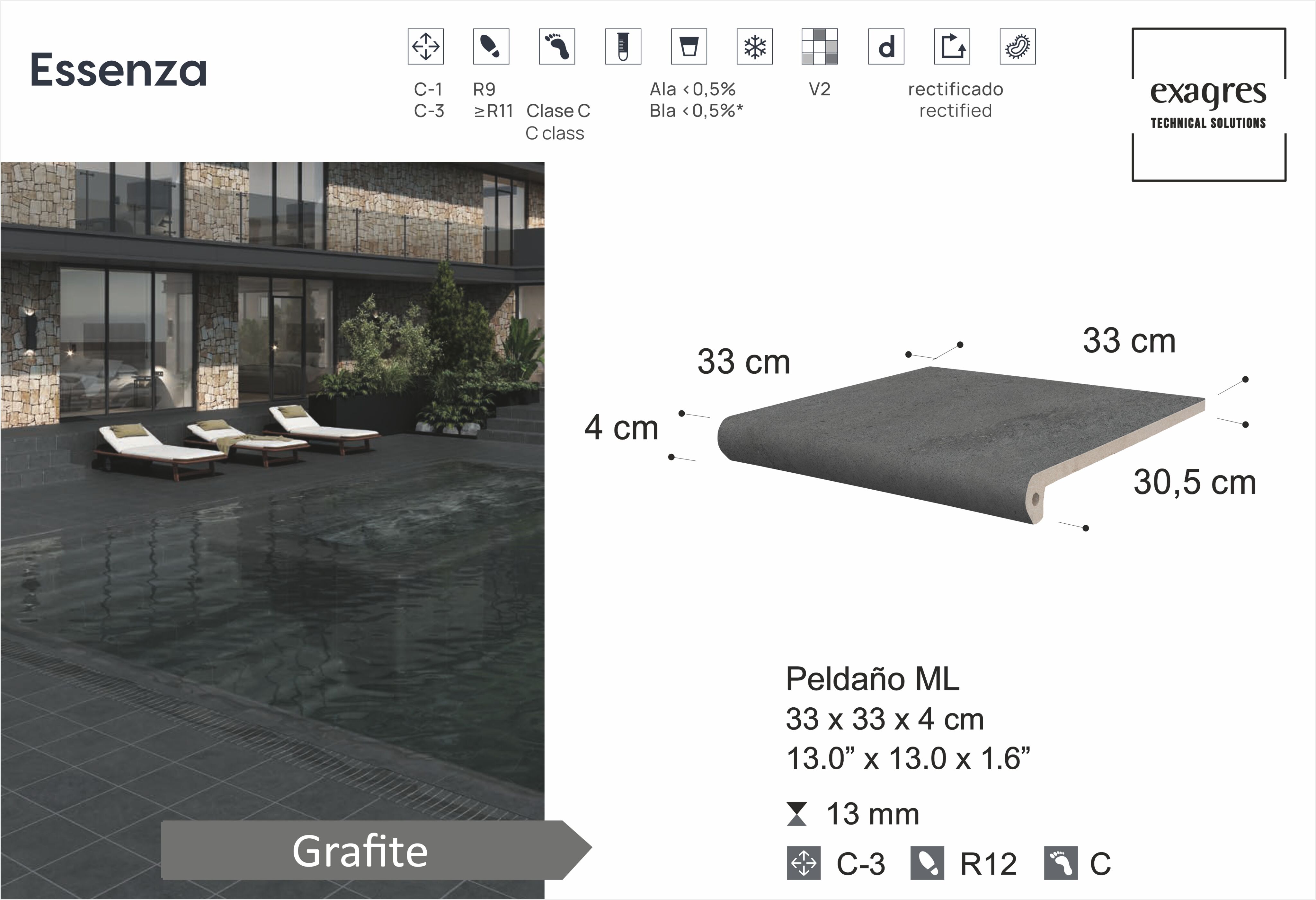 Ступень фронтальная Peldano Florentino Essenza Grafite С3 33х33х1.3см антислип 4шт/уп Exagres
