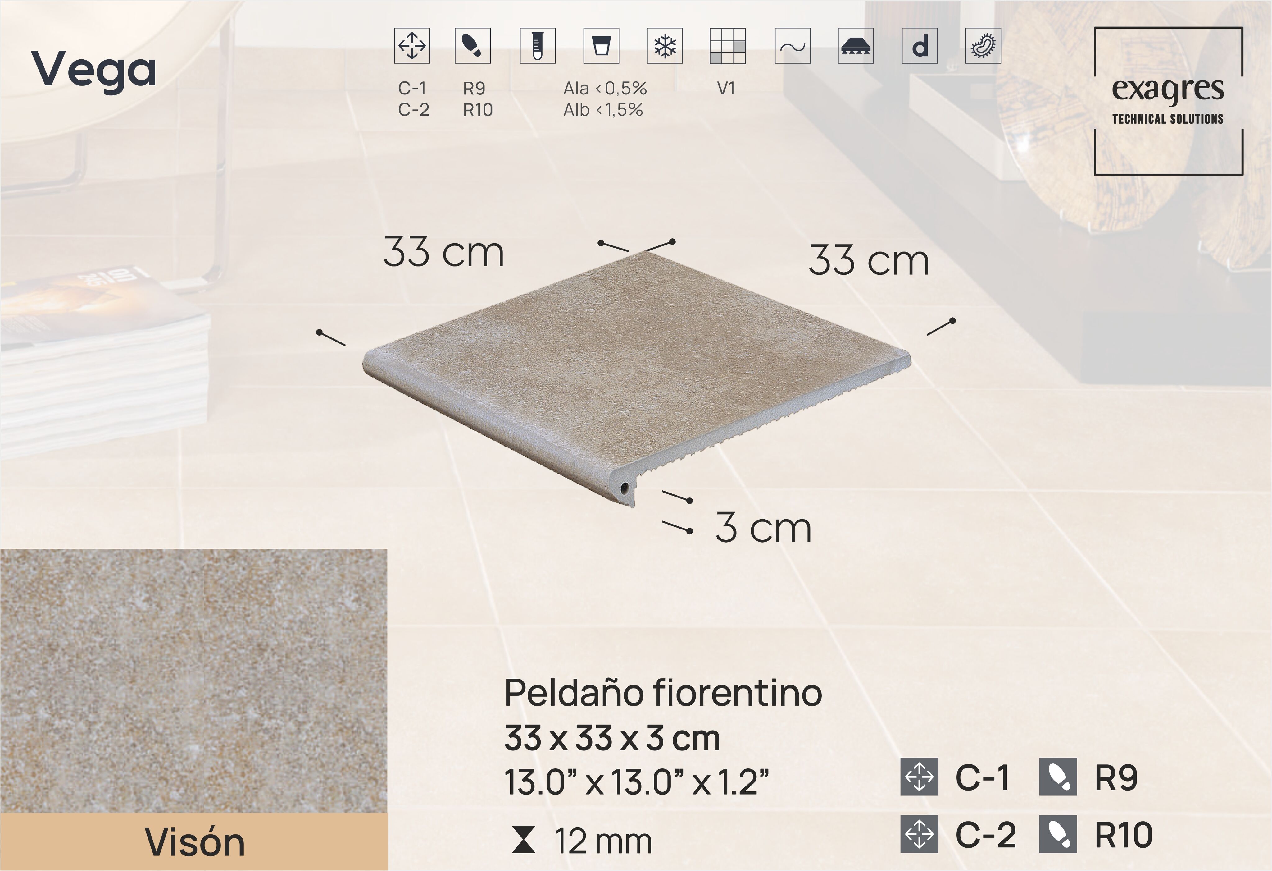 Ступень фронтальная Peldano Florentino Vega Vison 33х33х1.2 антислип Exagres купить в Санкт-Петербурге Ступень фронтальная Peldano Florentino Vega Vison 33х33х1.2 антислип Exagres