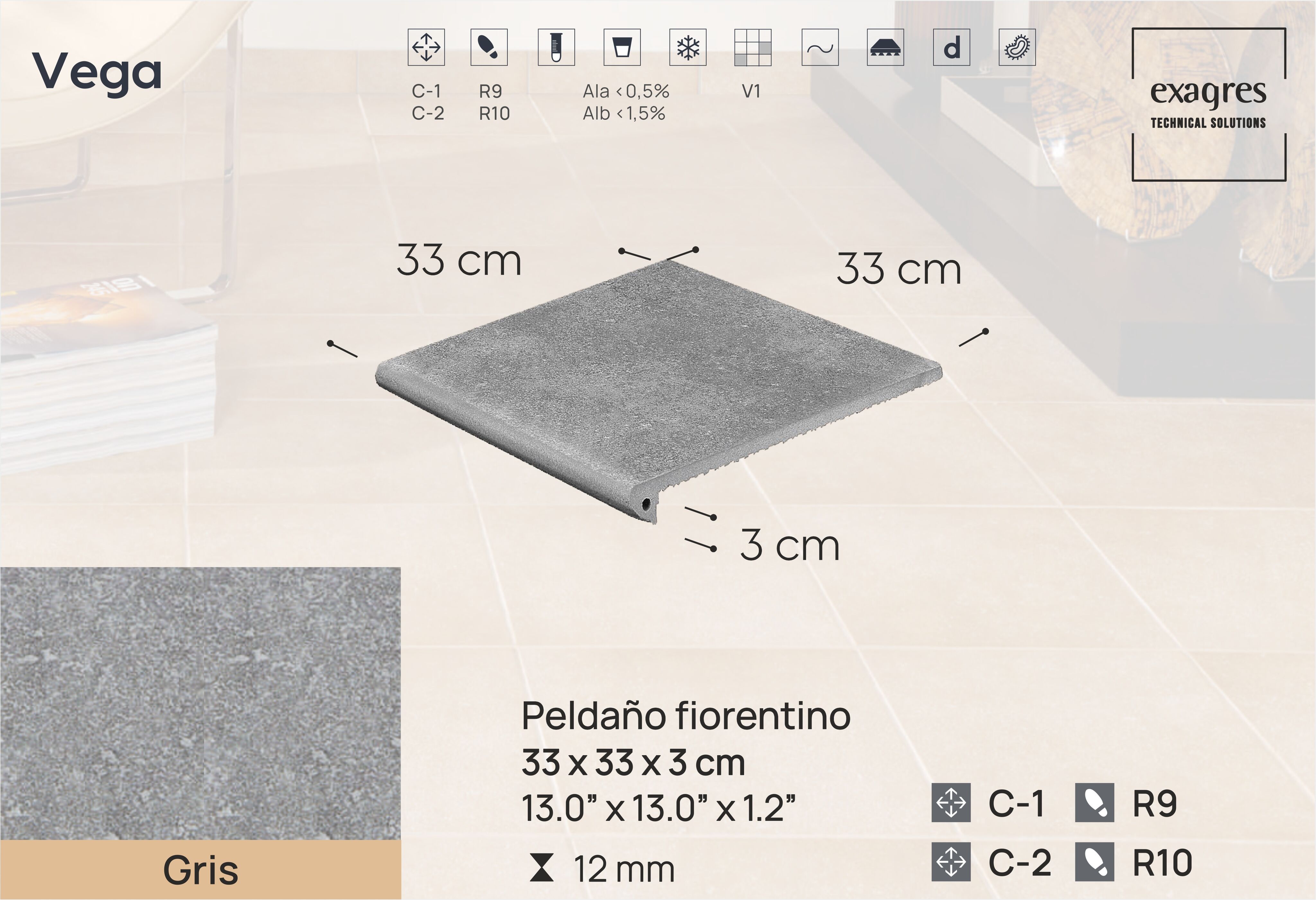 Ступень фронтальная Peldano Florentino Vega Gris 33х33х1.2 антислип Exagres купить в Москве Ступень фронтальная Peldano Florentino Vega Gris 33х33х1.2 антислип Exagres
