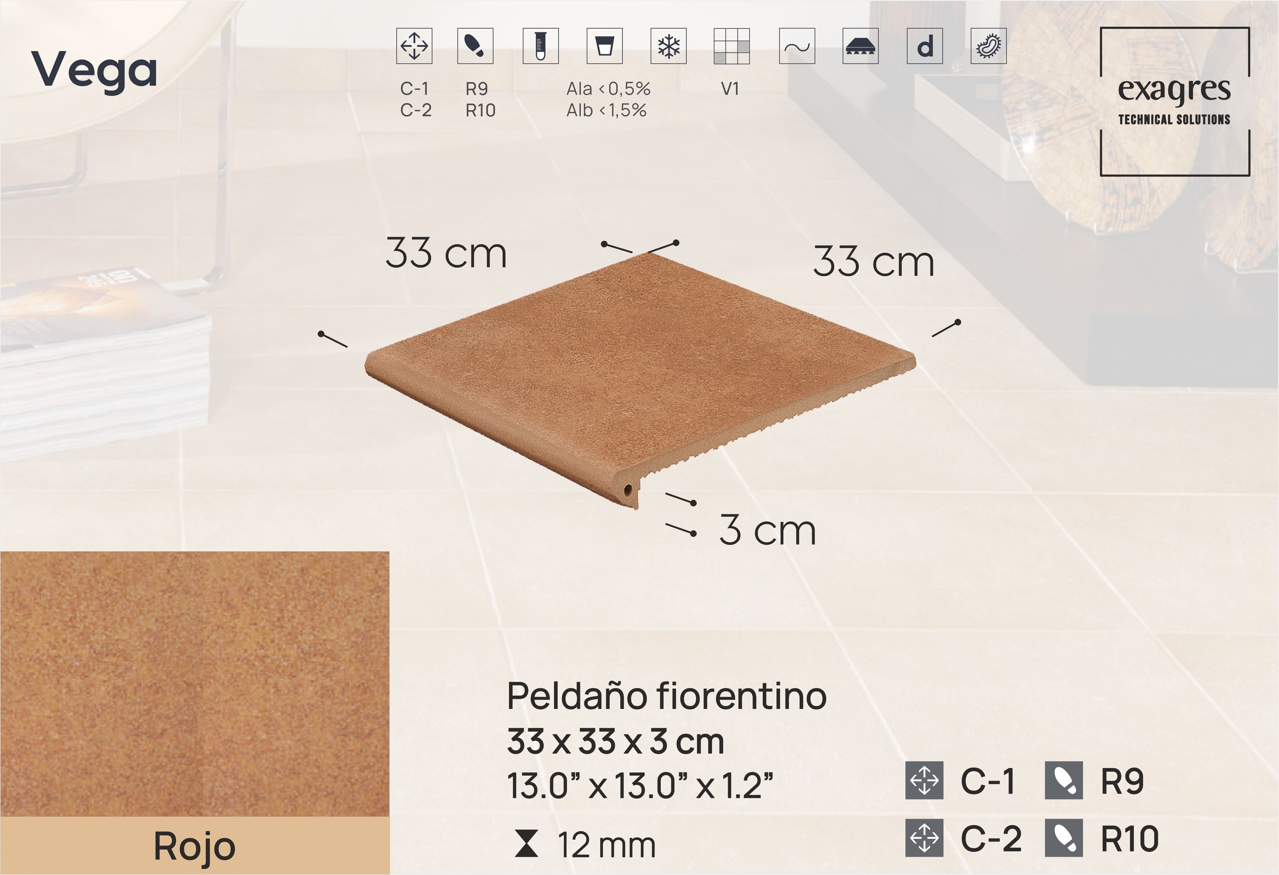 Ступень фронтальная Peldano Florentino Vega Rojo 33х33х1.2 антислип Exagres купить в Санкт-Петербурге Ступень фронтальная Peldano Florentino Vega Rojo 33х33х1.2 антислип Exagres