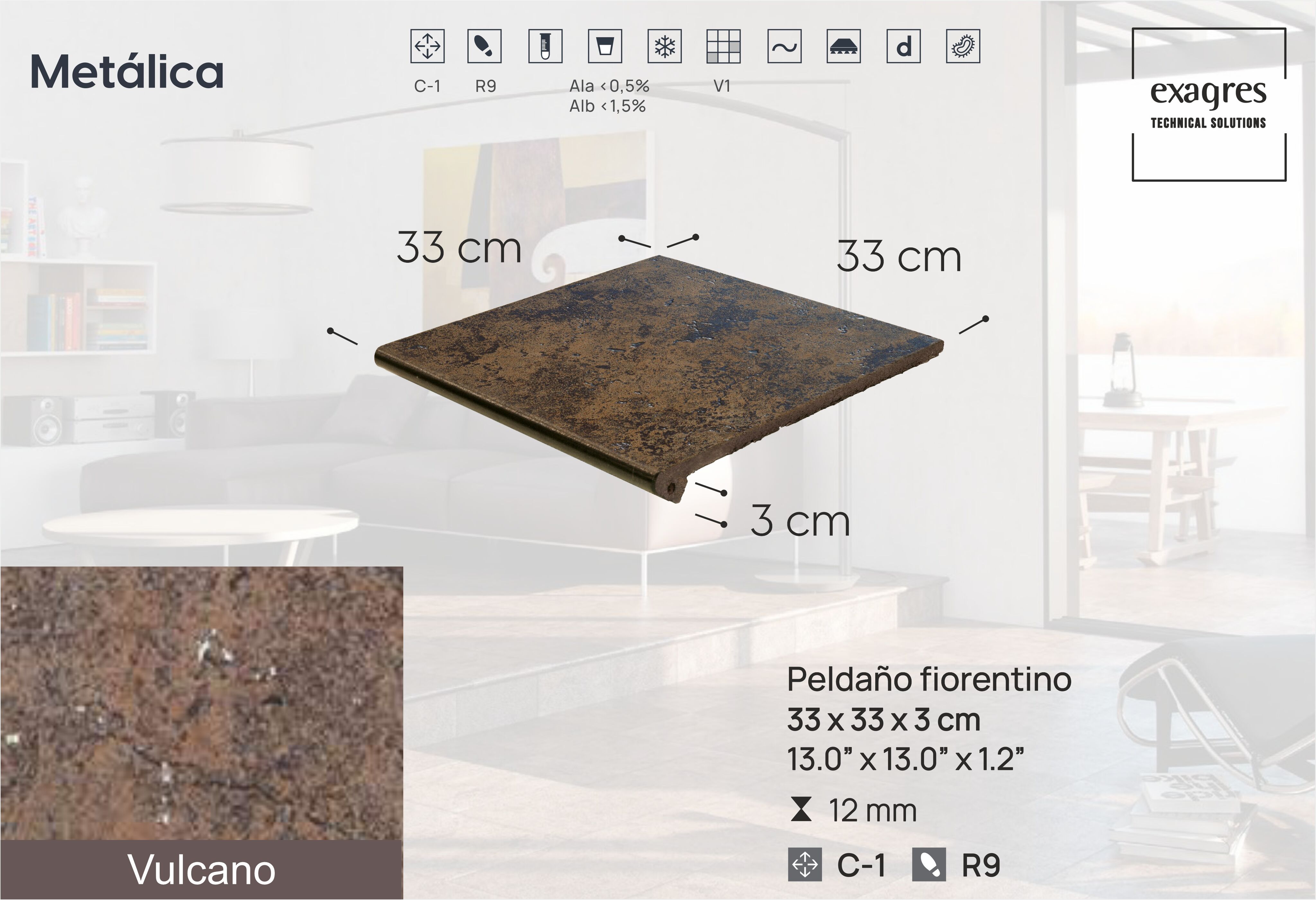 Ступень фронтальная Peldano Fiorentino Metalica Vulcano 33х33х1.2 матовый 4шт/упак Exagres купить в Санкт-Петербурге Ступень фронтальная Peldano Fiorentino Metalica Vulcano 33х33х1.2 матовый 4шт/упак Exagres