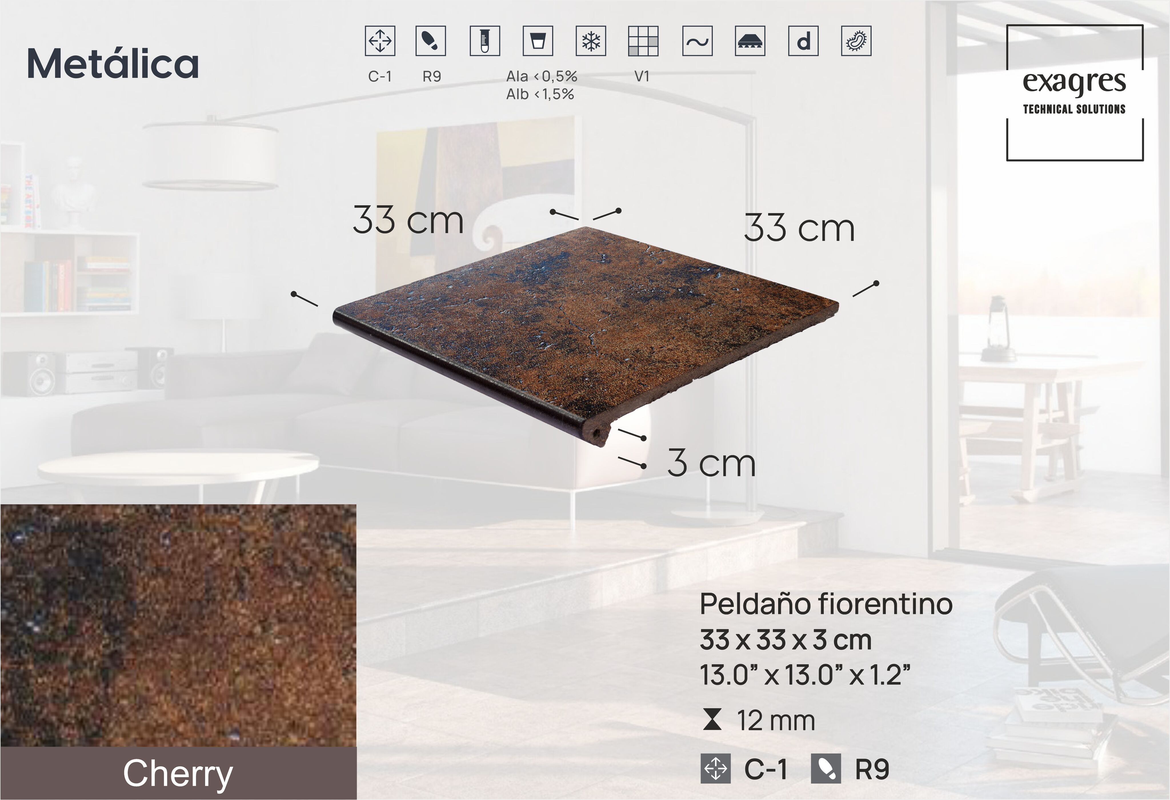 Ступень фронтальная Peldano Fiorentino Metalica Cherry 33х33х1.2 матовый 4шт/упак Exagres купить в Москве Ступень фронтальная Peldano Fiorentino Metalica Cherry 33х33х1.2 матовый 4шт/упак Exagres