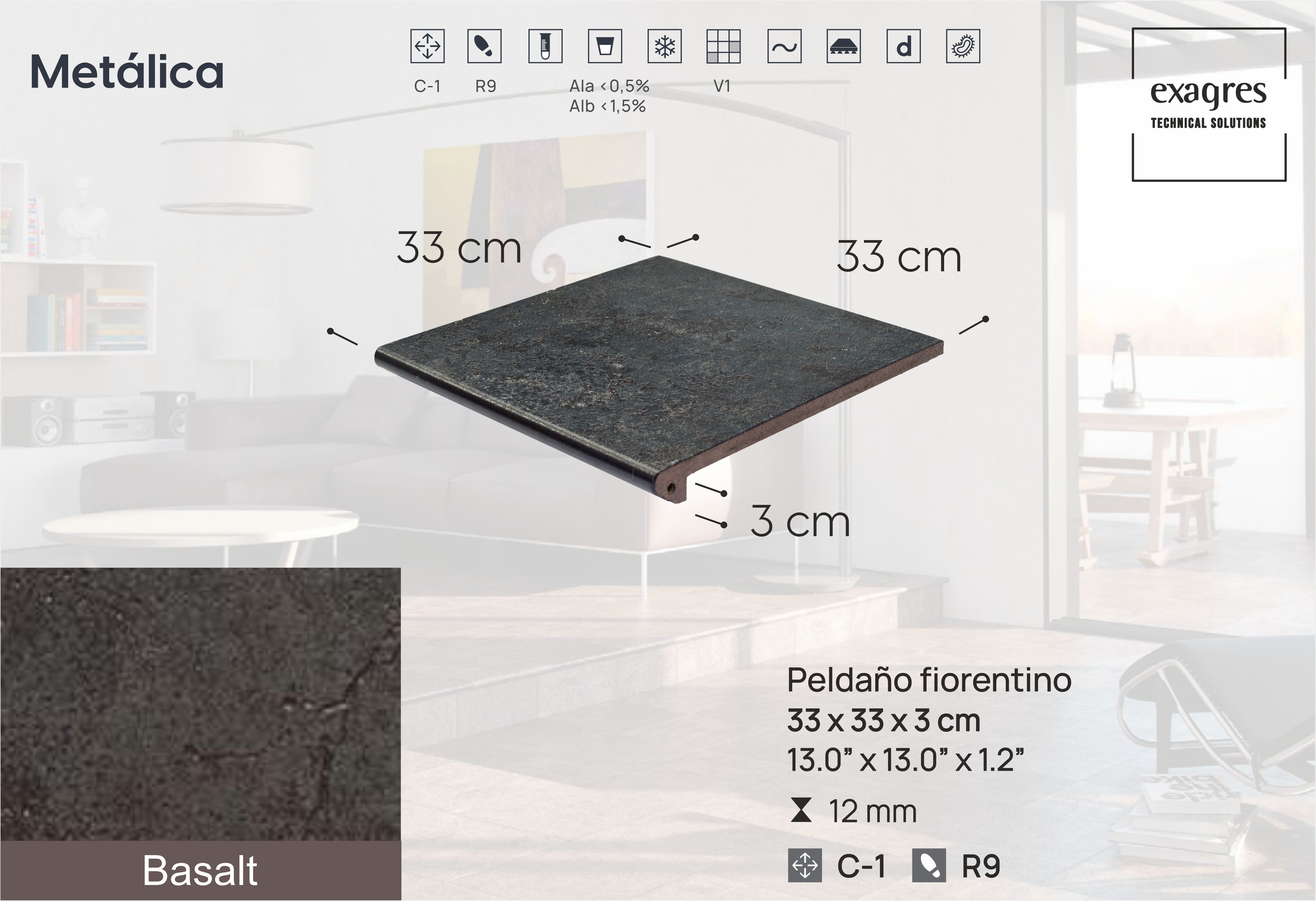 Ступень фронтальная Peldano Fiorentino Metalica Basalt 33х33х1.2 матовый 4шт/упак Exagres купить в Санкт-Петербурге Ступень фронтальная Peldano Fiorentino Metalica Basalt 33х33х1.2 матовый 4шт/упак Exagres