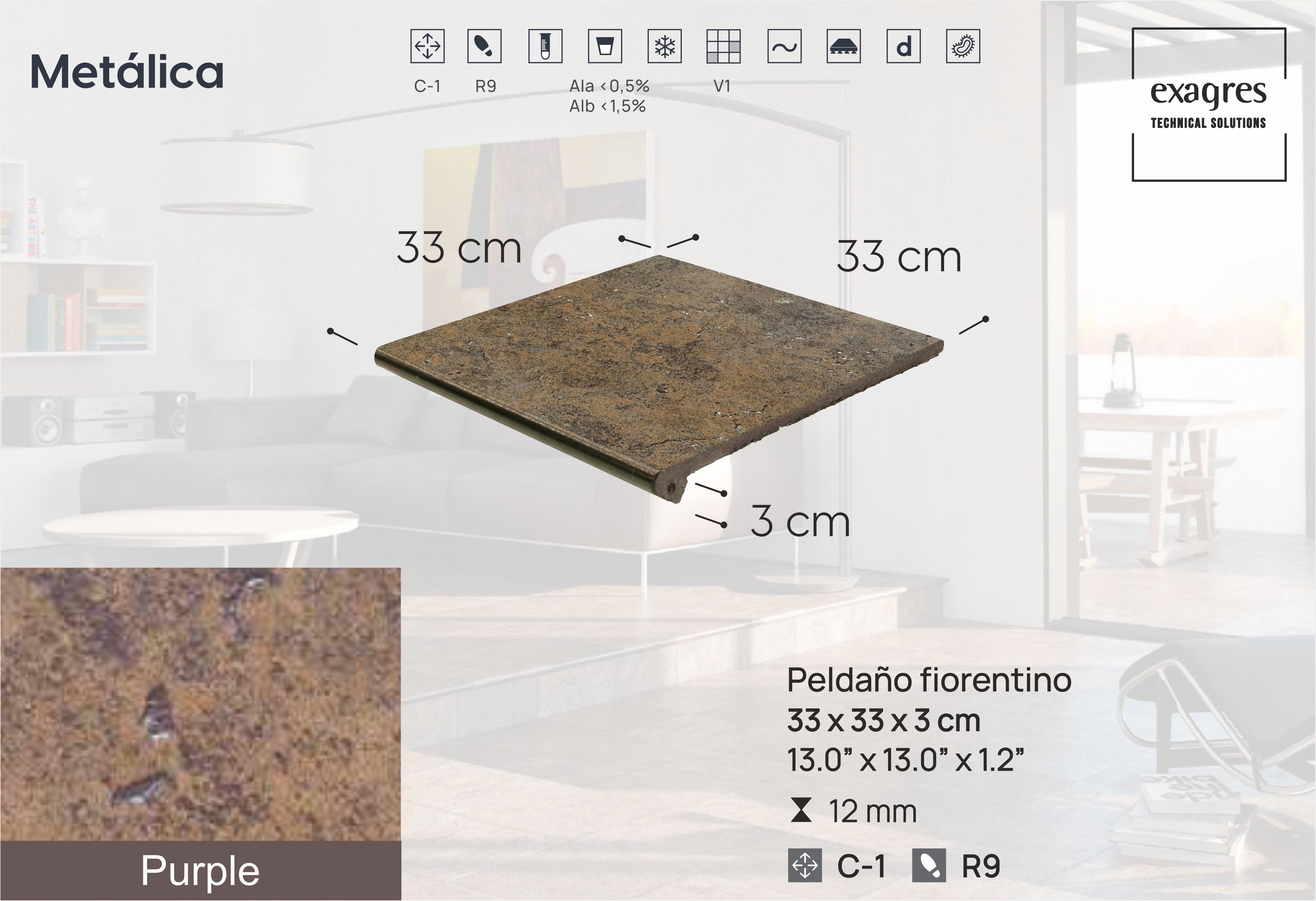 Ступень фронтальная Peldano Fiorentino Metalica Purple  33х33х1.2 матовый 4шт/упак Exagres