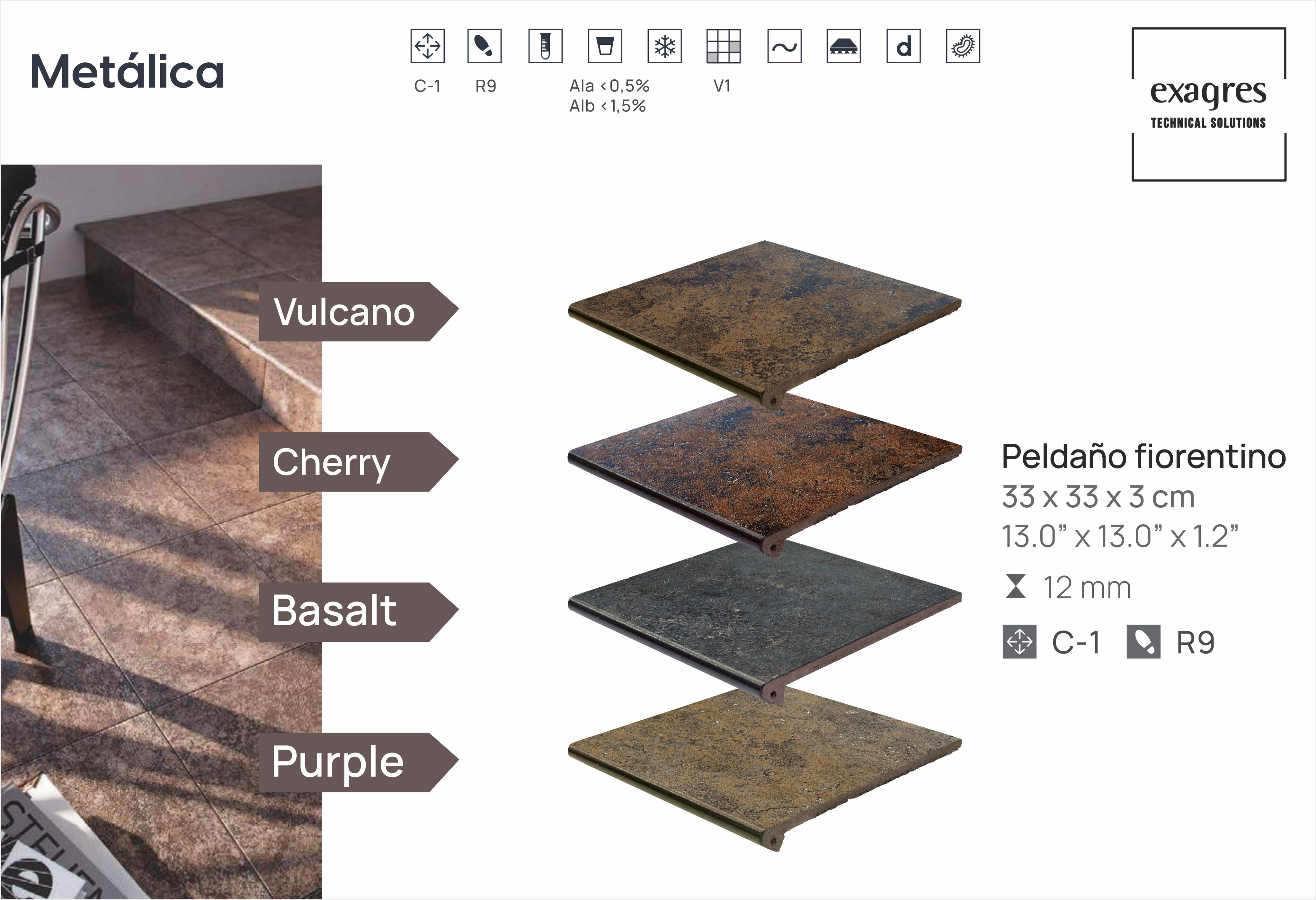 Ступень фронтальная Peldano Fiorentino Metalica Cherry 33х33х1.2 матовый 4шт/упак Exagres купить в Москве Ступень фронтальная Peldano Fiorentino Metalica Cherry 33х33х1.2 матовый 4шт/упак Exagres