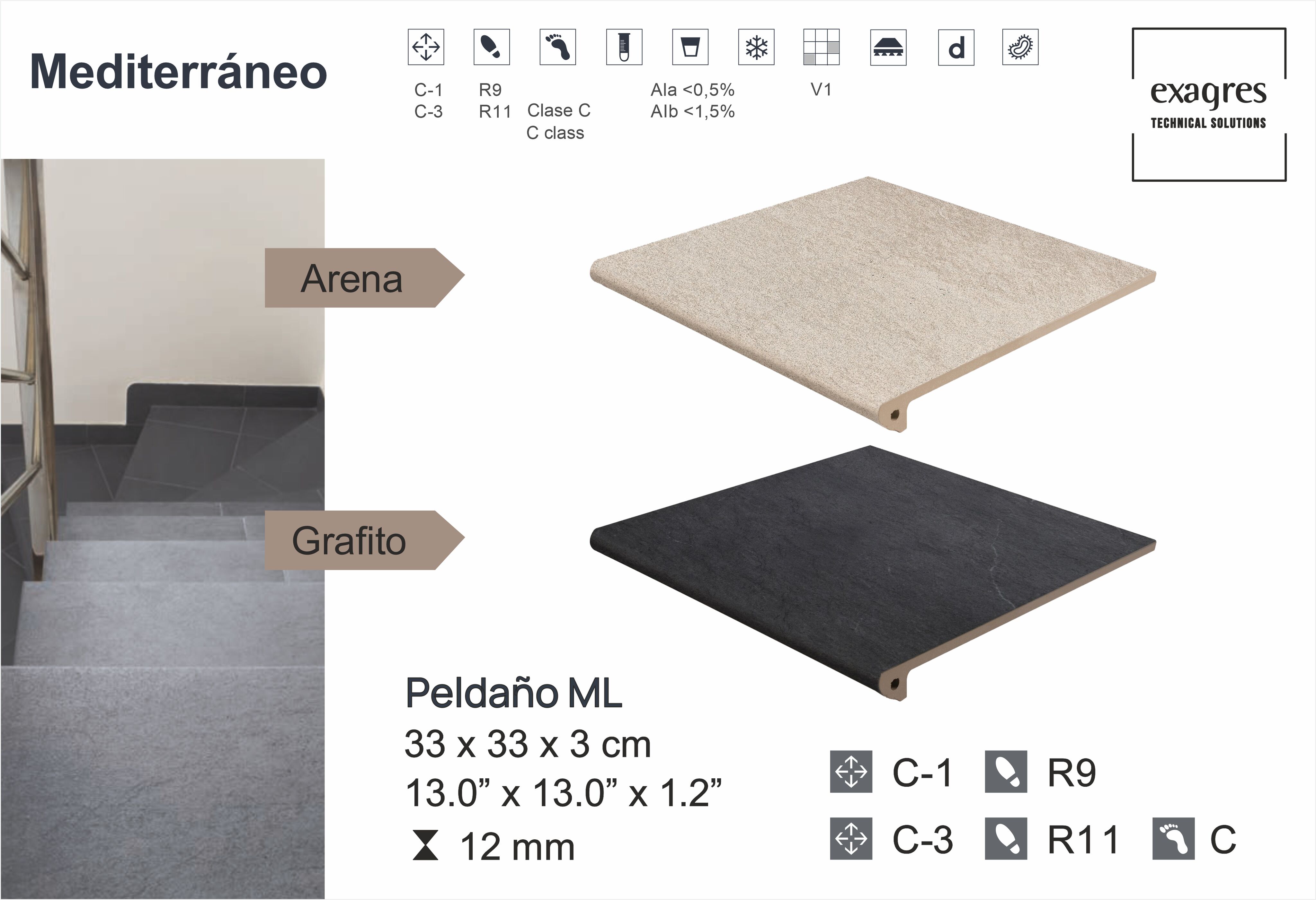 Ступень фронтальная Peldano Florentino Mediterraneo Grafito 33х33х1.2 антислип Exagres купить в Санкт-Петербурге Ступень фронтальная Peldano Florentino Mediterraneo Grafito 33х33х1.2 антислип Exagres