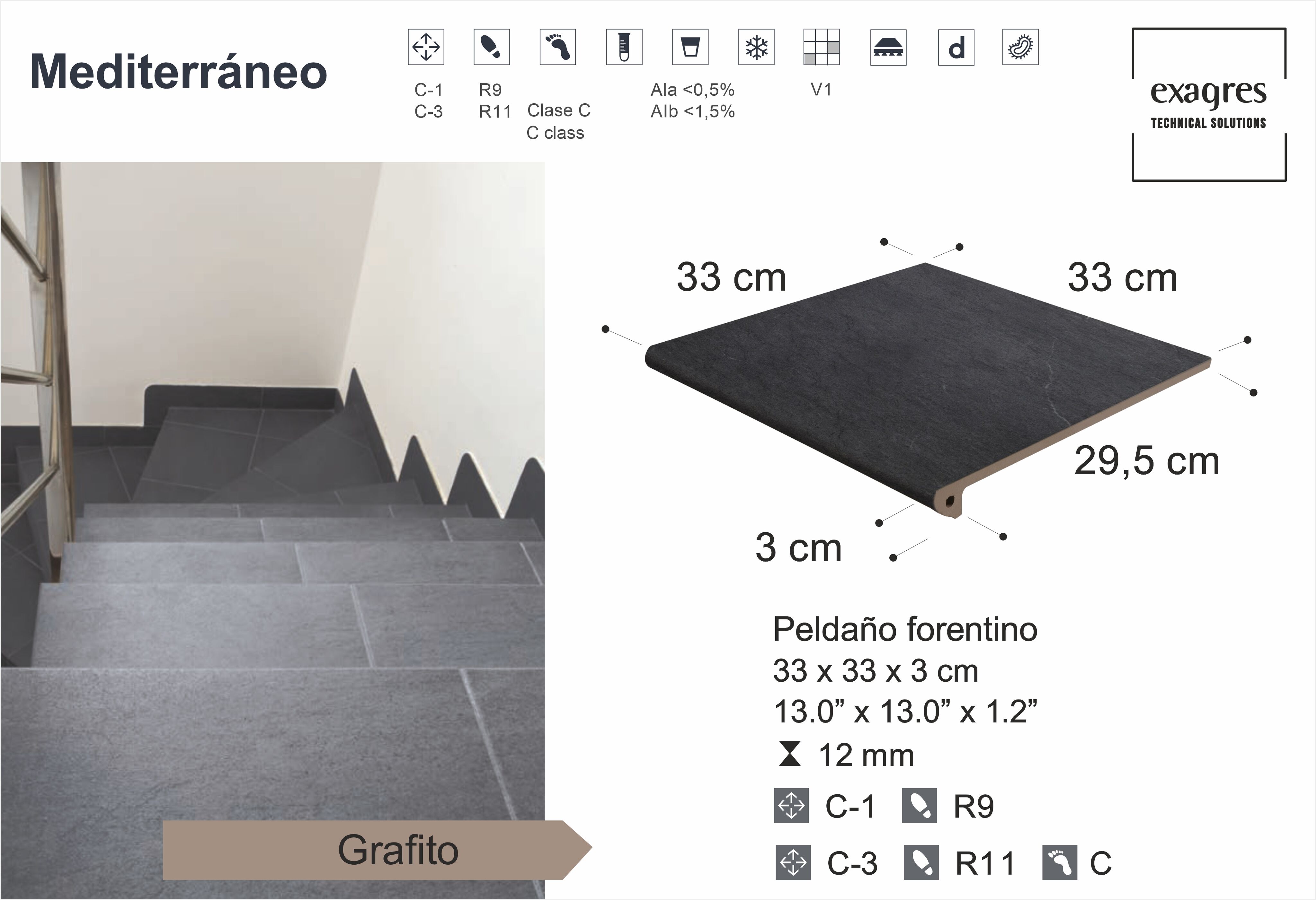 Ступень фронтальная Peldano Florentino Mediterraneo Grafito 33х33х1.2 антислип Exagres купить в Санкт-Петербурге Ступень фронтальная Peldano Florentino Mediterraneo Grafito 33х33х1.2 антислип Exagres