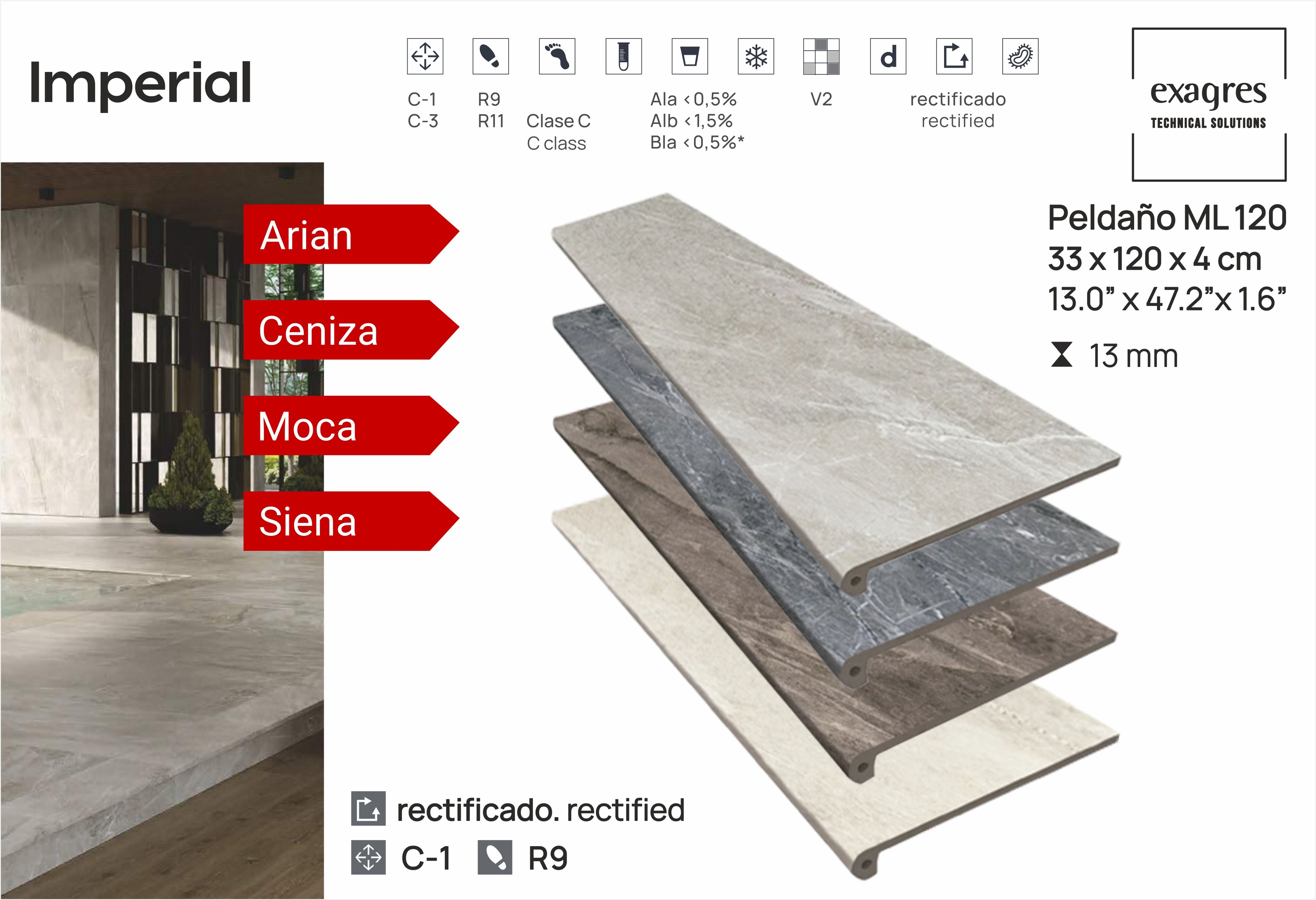 Ступень фронтальная Peldano Florentino Imperial Ceniza 33х120х1.3 матовая Exagres