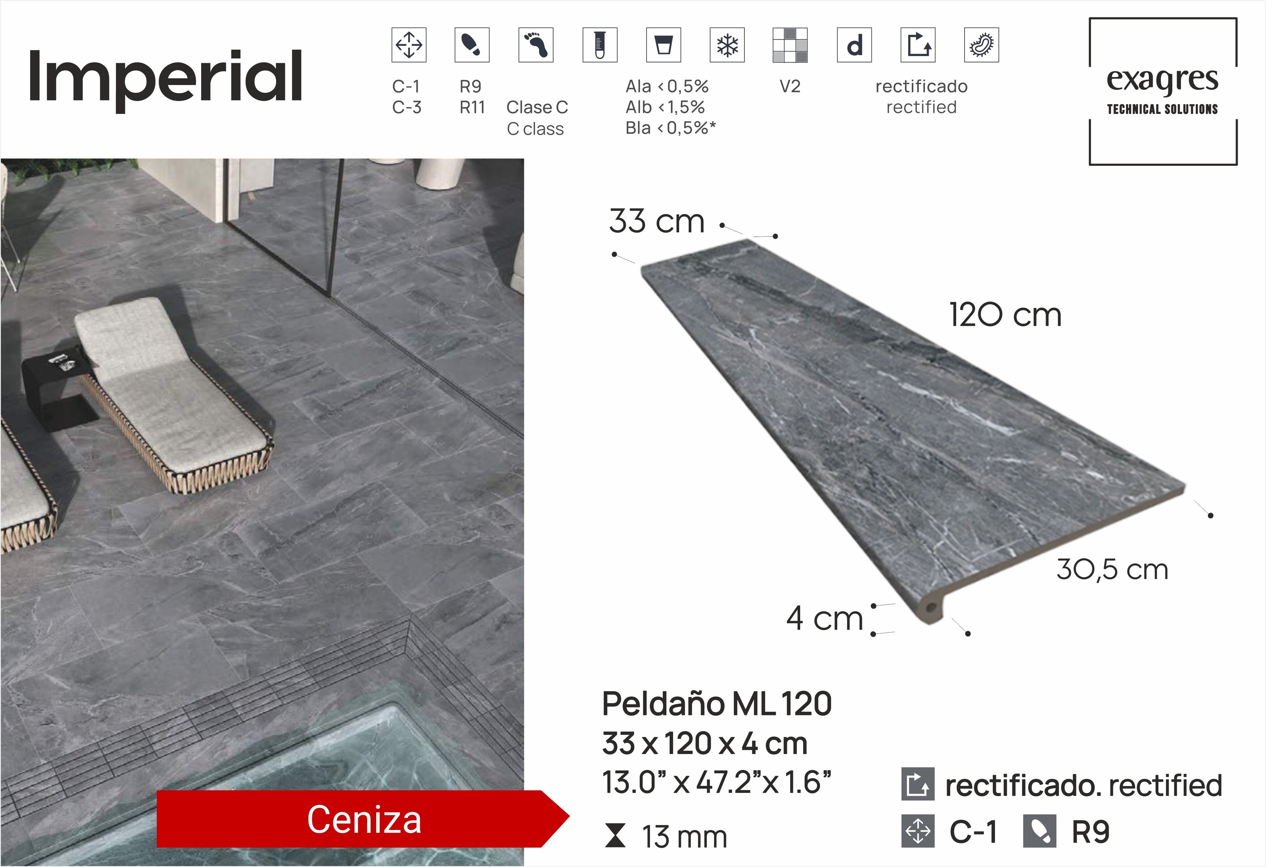Ступень фронтальная Peldano Florentino Imperial Ceniza 33х120х1.3 матовая Exagres