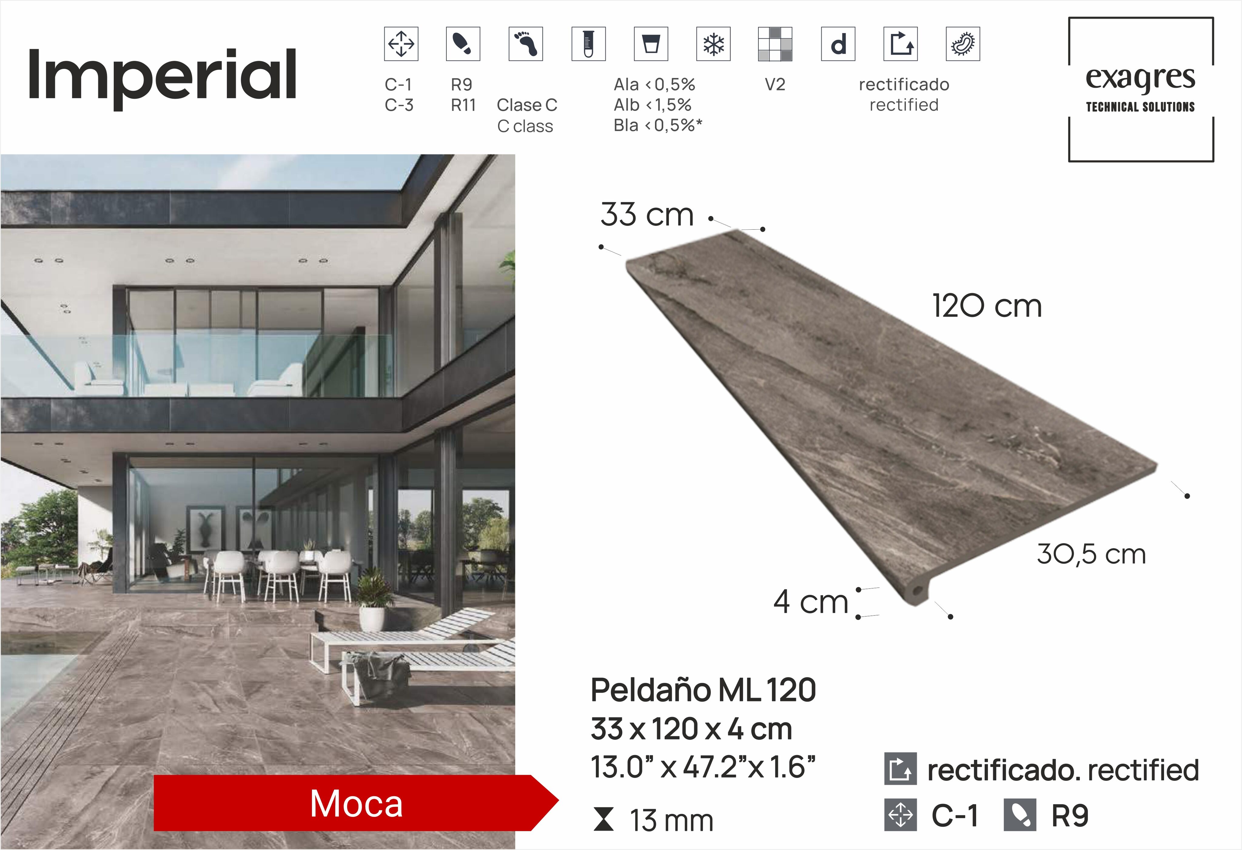 Ступень фронтальная Peldano Florentino Imperial Moca 33х120х1.3 матовая Exagres
