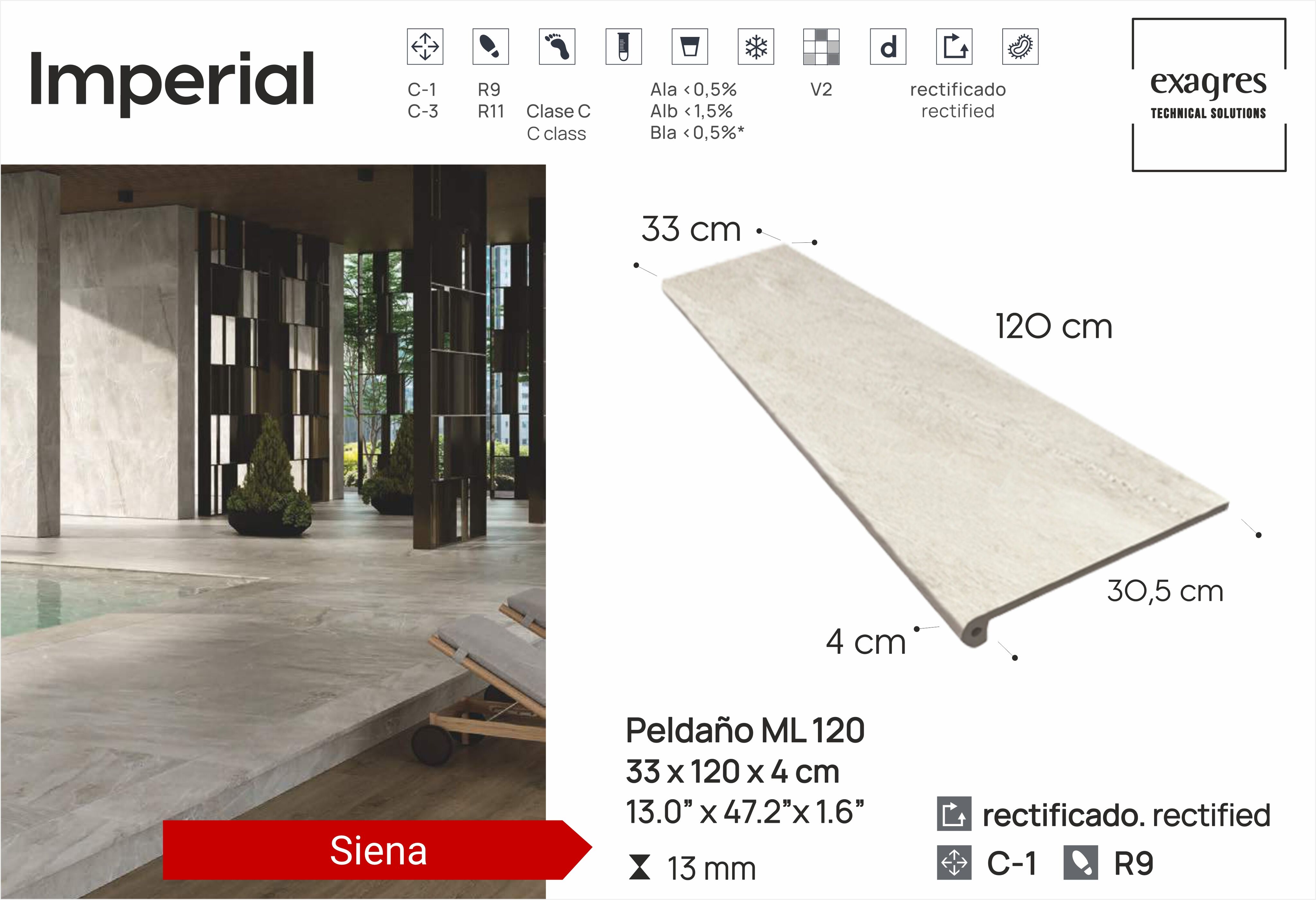 Ступень фронтальная Peldano Florentino Imperial Siena 33х120х1.3 матовая Exagres