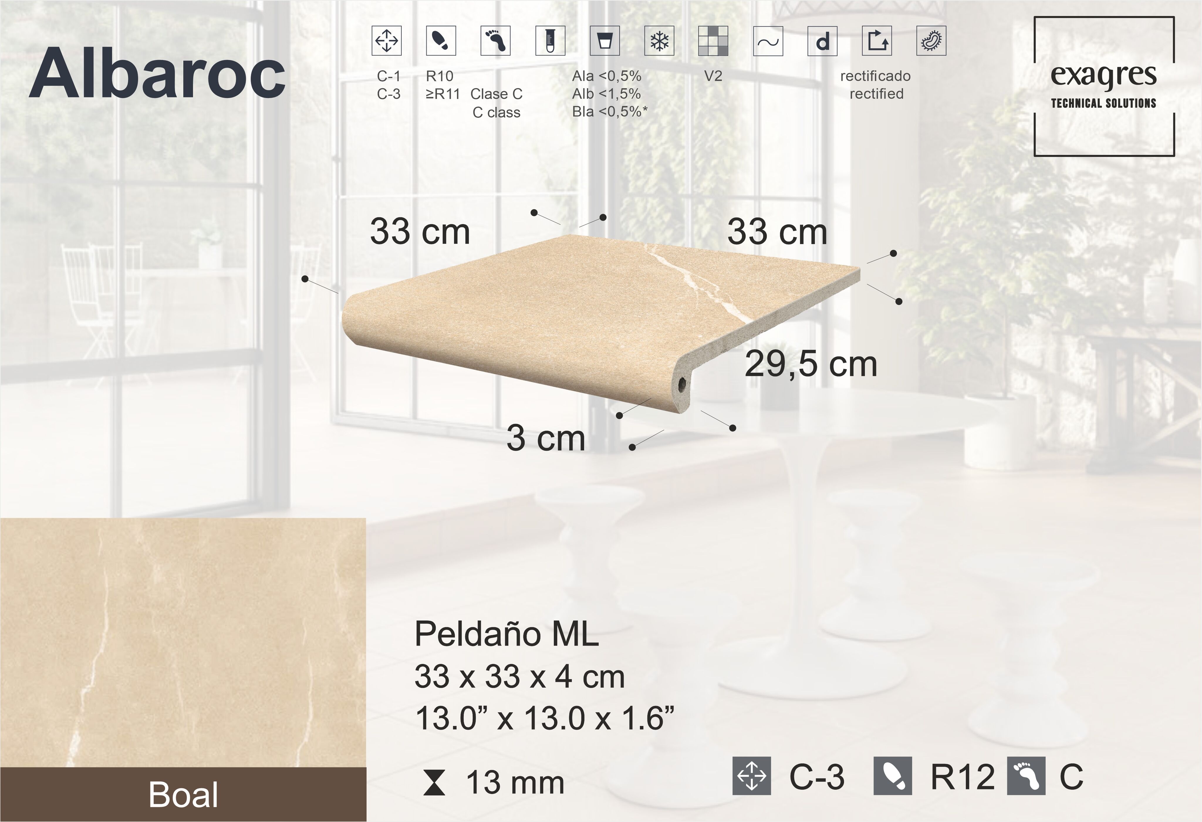 Ступень фронтальная Peldano Florentino Albaroc Boal 33х33х1.3 матовая Exagres