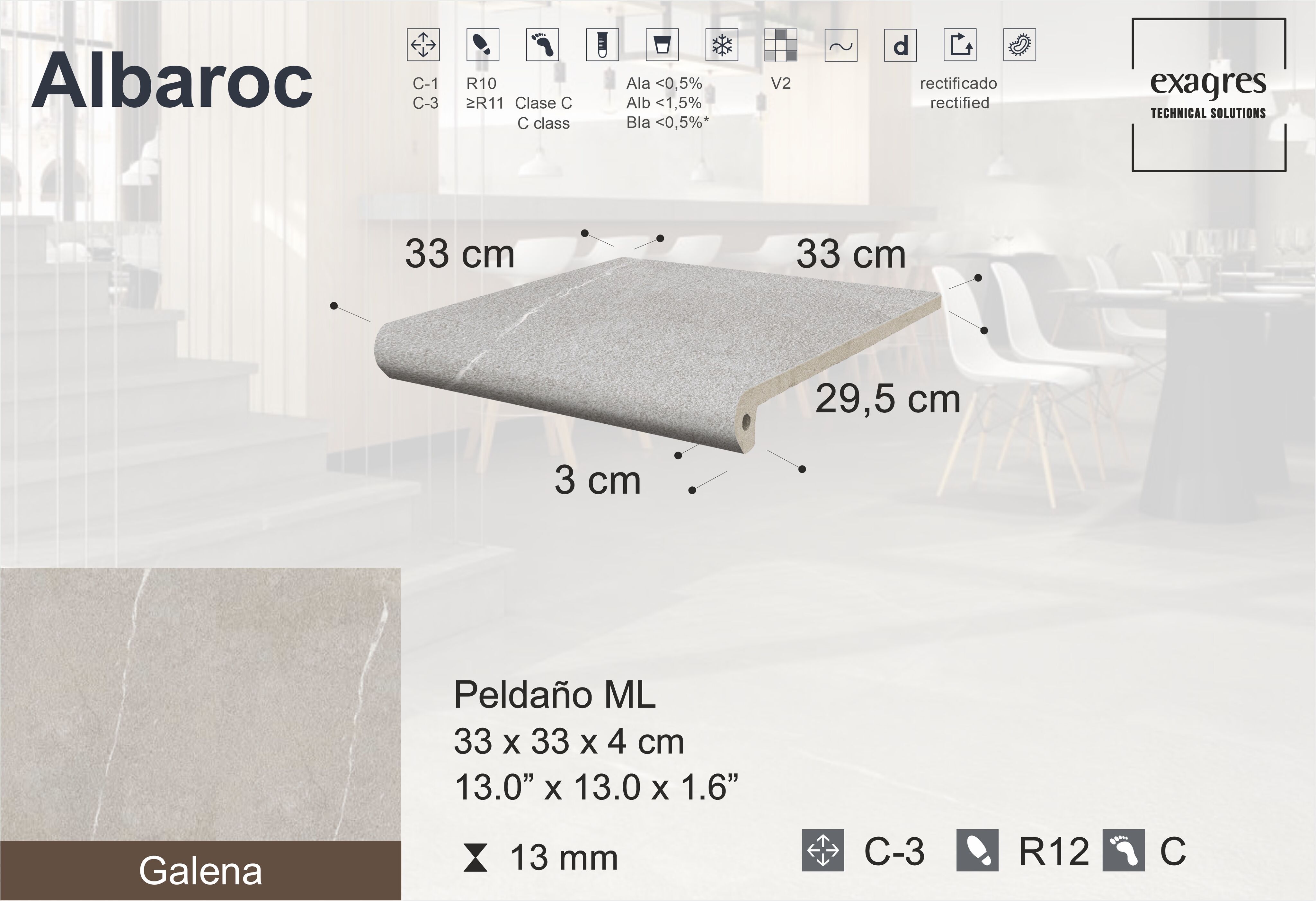Ступень фронтальная Peldano Florentino Albaroc Galena 33х33х1.3 матовая Exagres купить в Санкт-Петербурге Ступень фронтальная Peldano Florentino Albaroc Galena 33х33х1.3 матовая Exagres
