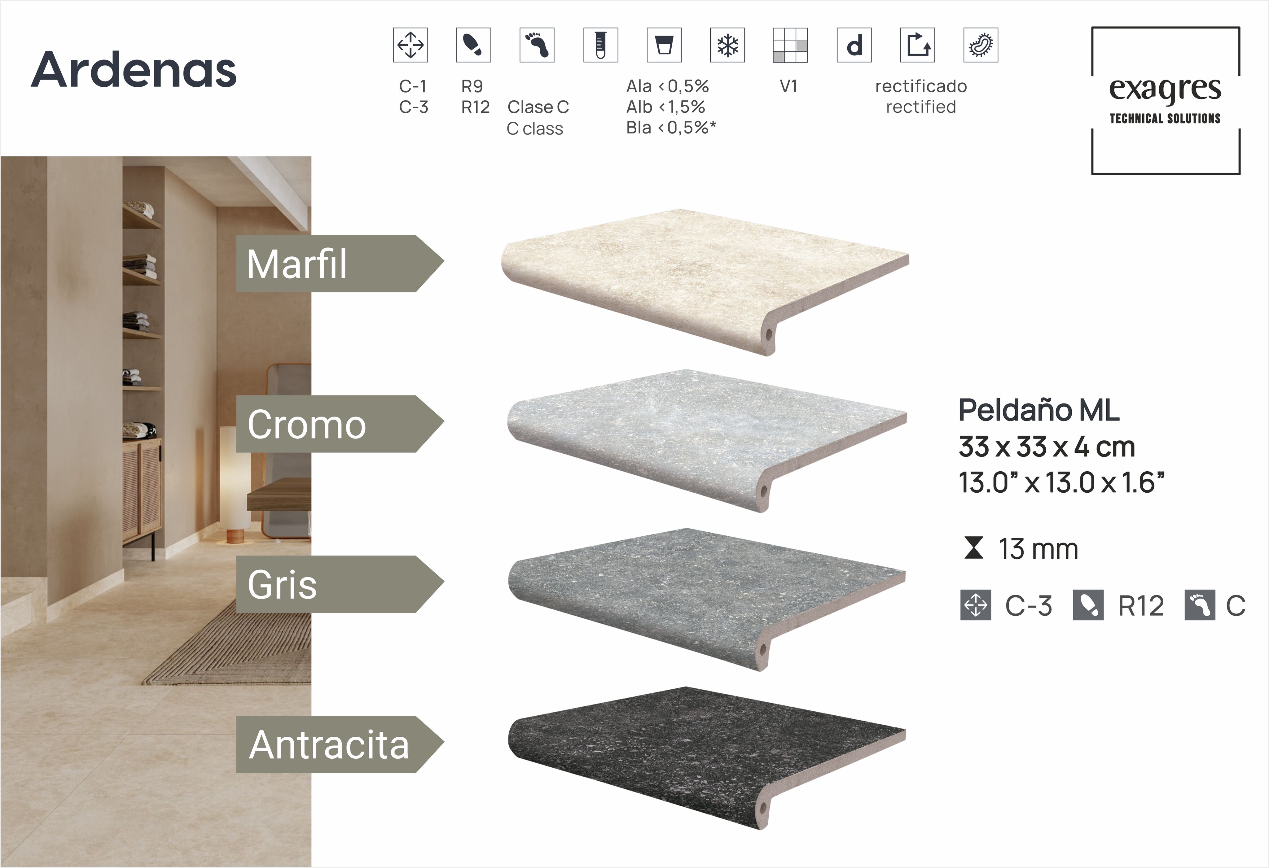 Ступень фронтальная Peldano Fiorentino Ardenas Antracita 33х33х1.3 антислип 4шт/упак Exagres