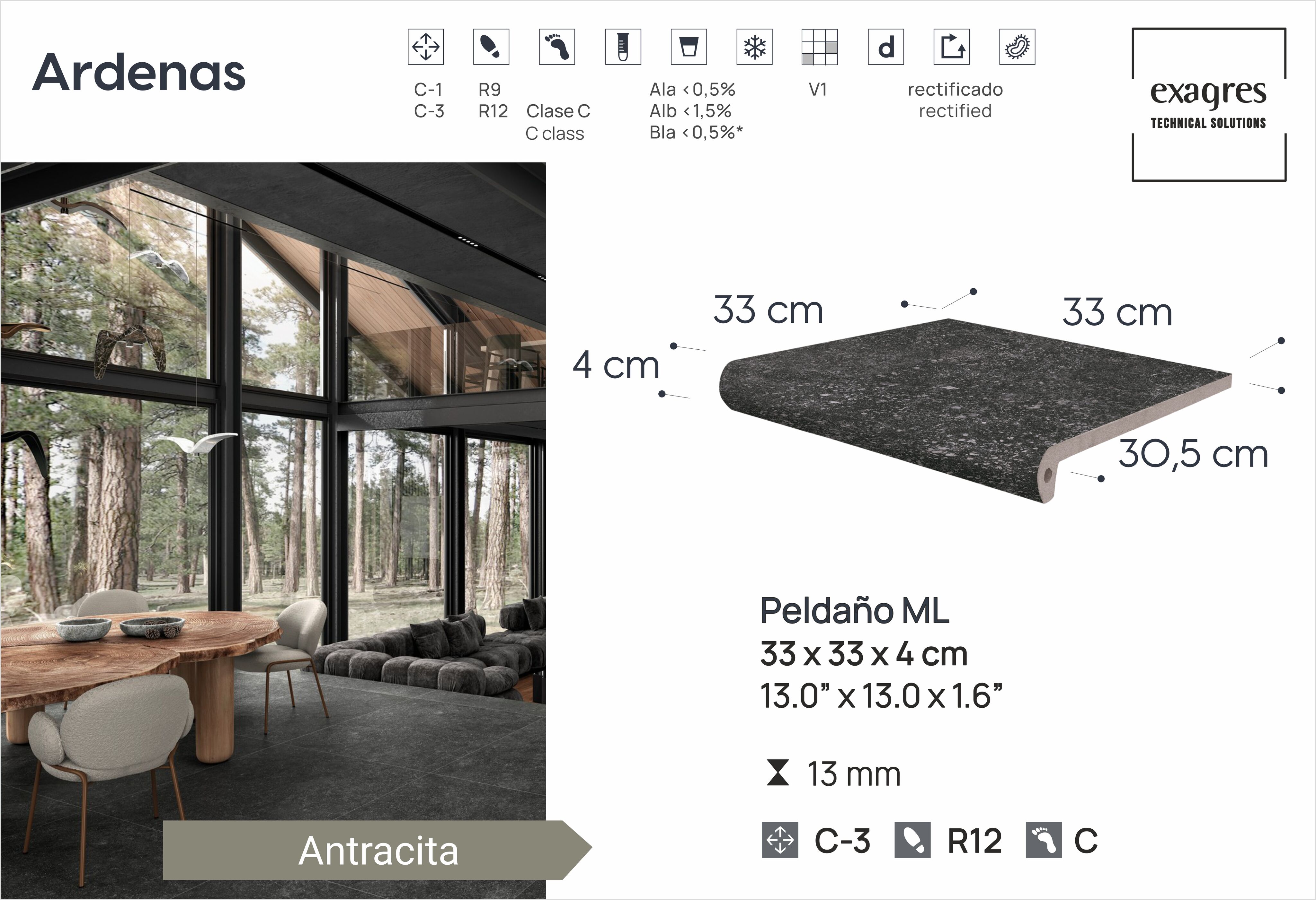 Ступень фронтальная Peldano Fiorentino Ardenas Antracita 33х33х1.3 антислип 4шт/упак Exagres