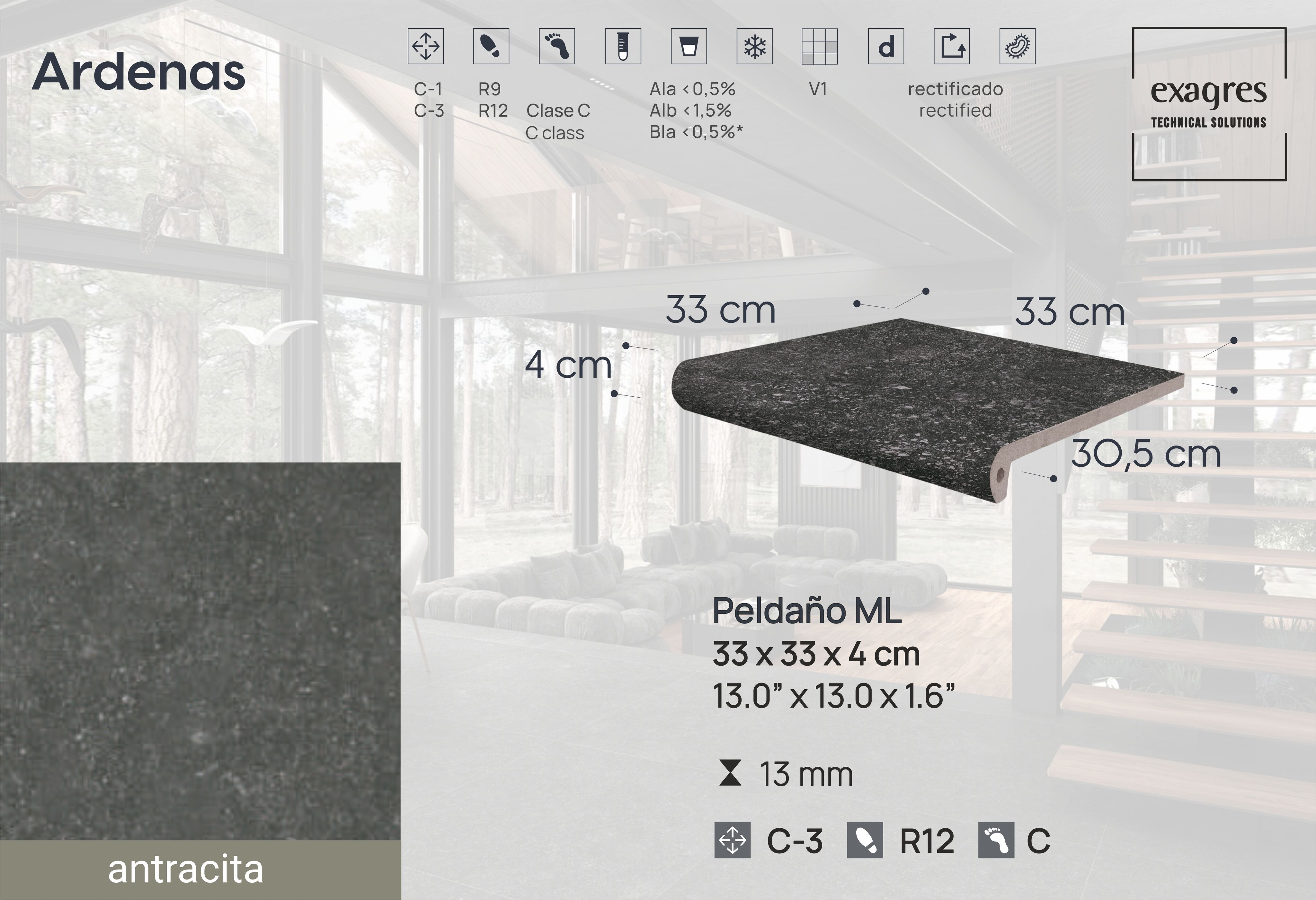 Ступень фронтальная Peldano Fiorentino Ardenas Antracita 33х33х1.3 антислип 4шт/упак Exagres