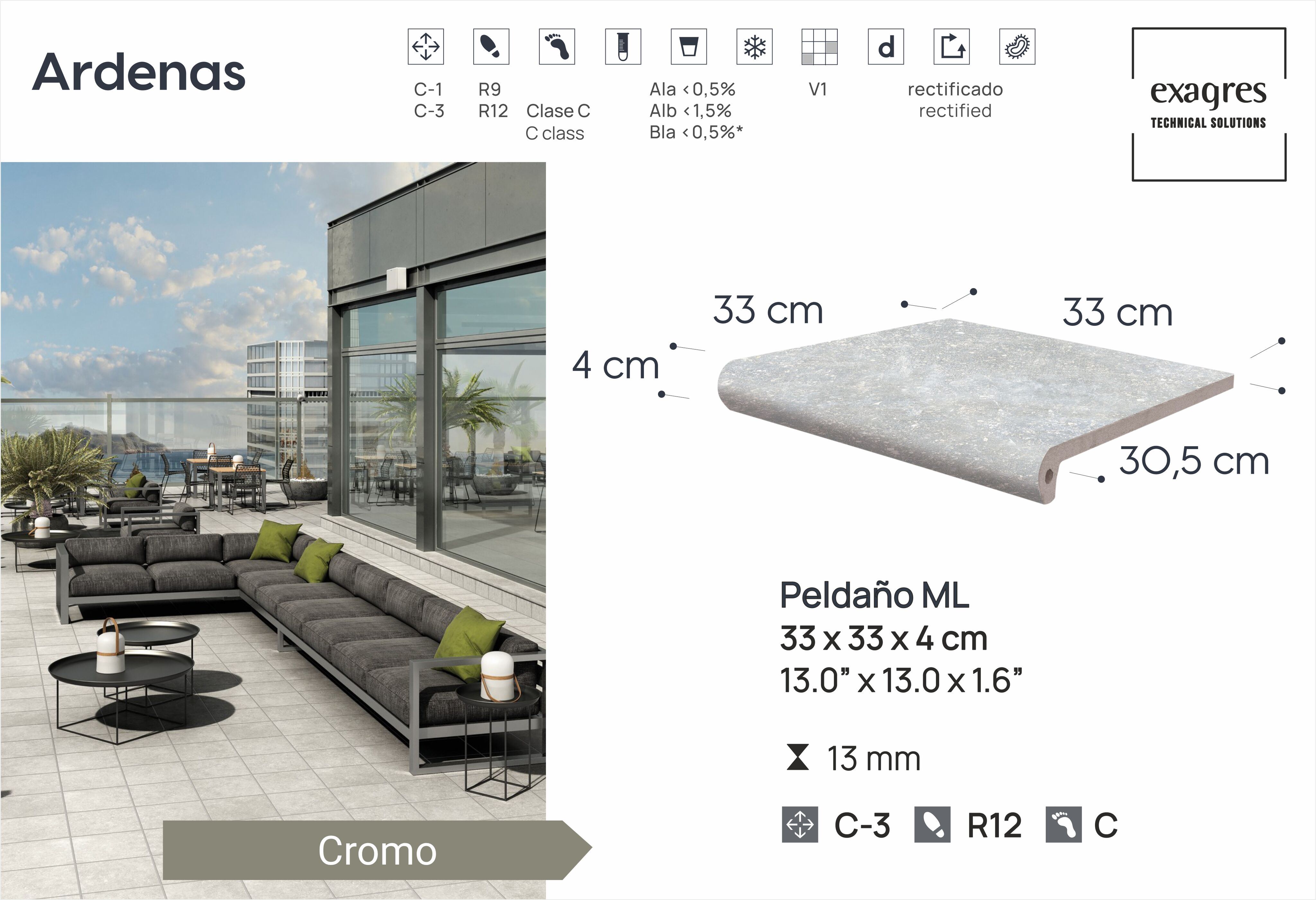Ступень фронтальная Peldano Fiorentino Ardenas Cromo 33х33х1.3 антислип 4шт/упак Exagres купить в Санкт-Петербурге Ступень фронтальная Peldano Fiorentino Ardenas Cromo 33х33х1.3 антислип 4шт/упак Exagres