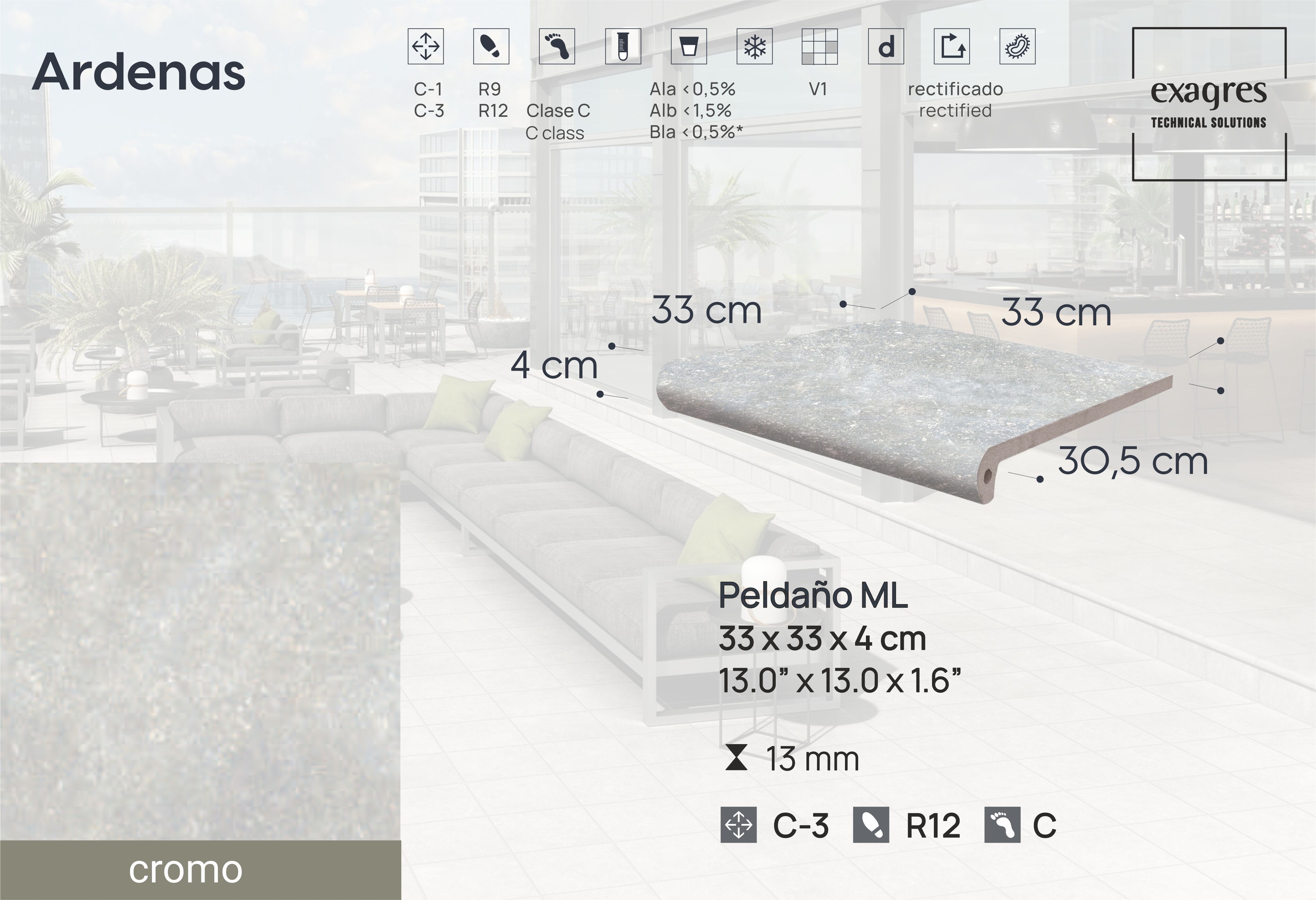 Ступень фронтальная Peldano Fiorentino Ardenas Cromo 33х33х1.3 антислип 4шт/упак Exagres купить в Санкт-Петербурге Ступень фронтальная Peldano Fiorentino Ardenas Cromo 33х33х1.3 антислип 4шт/упак Exagres