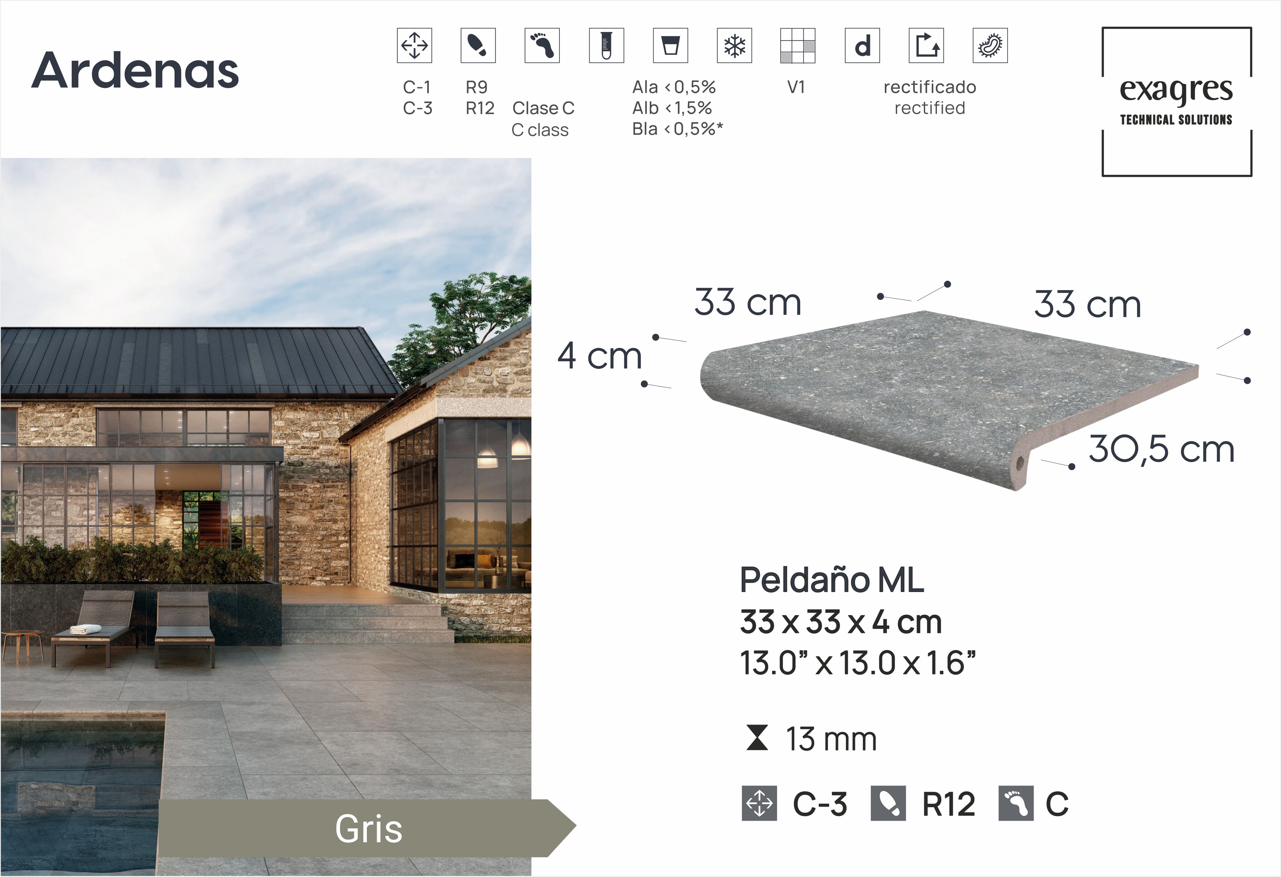 Ступень фронтальная Peldano Fiorentino Ardenas Gris 33х33х1.3 антислип 4шт/упак Exagres купить в Москве Ступень фронтальная Peldano Fiorentino Ardenas Gris 33х33х1.3 антислип 4шт/упак Exagres