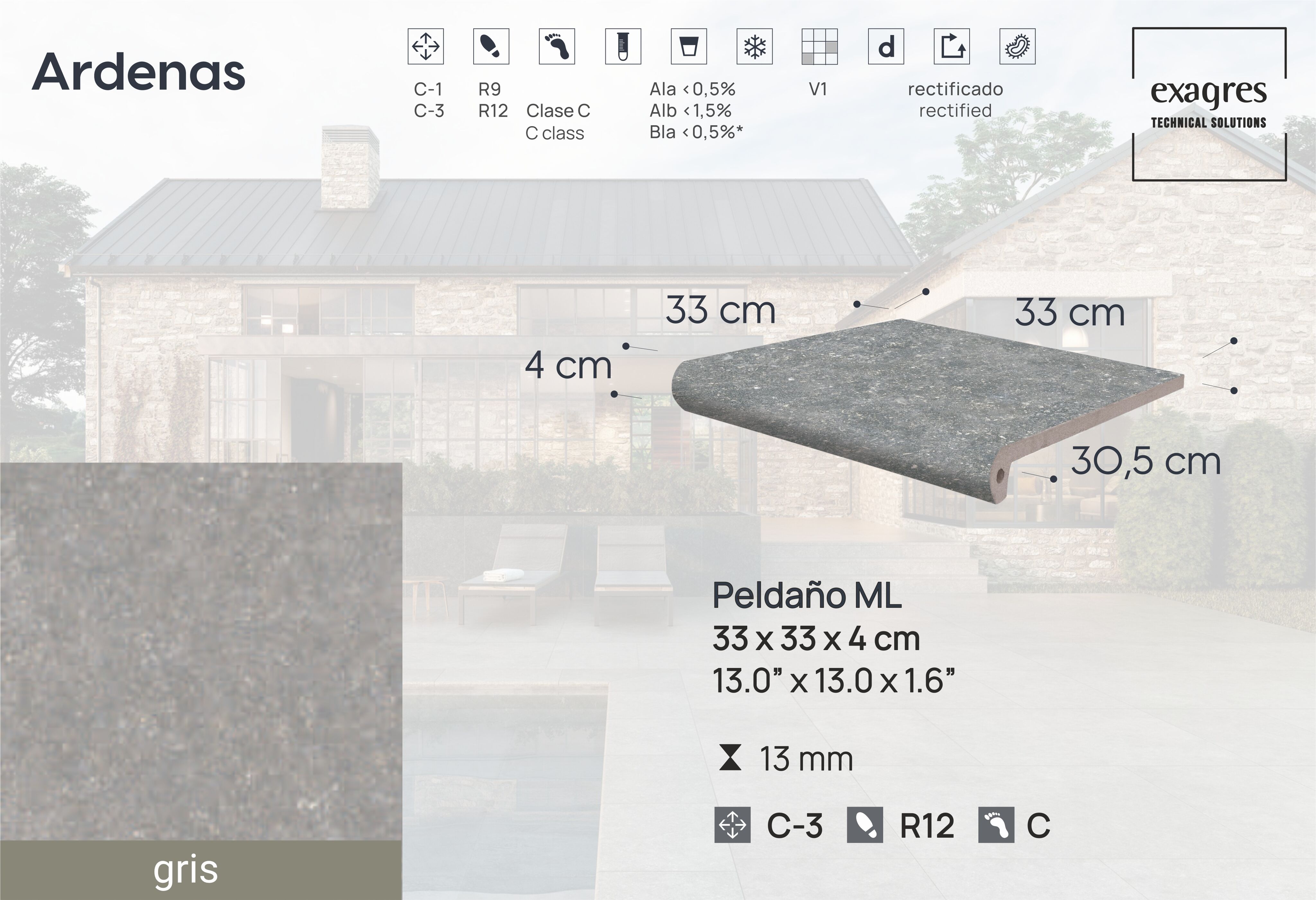 Ступень фронтальная Peldano Fiorentino Ardenas Gris 33х33х1.3 антислип 4шт/упак Exagres купить в Москве Ступень фронтальная Peldano Fiorentino Ardenas Gris 33х33х1.3 антислип 4шт/упак Exagres
