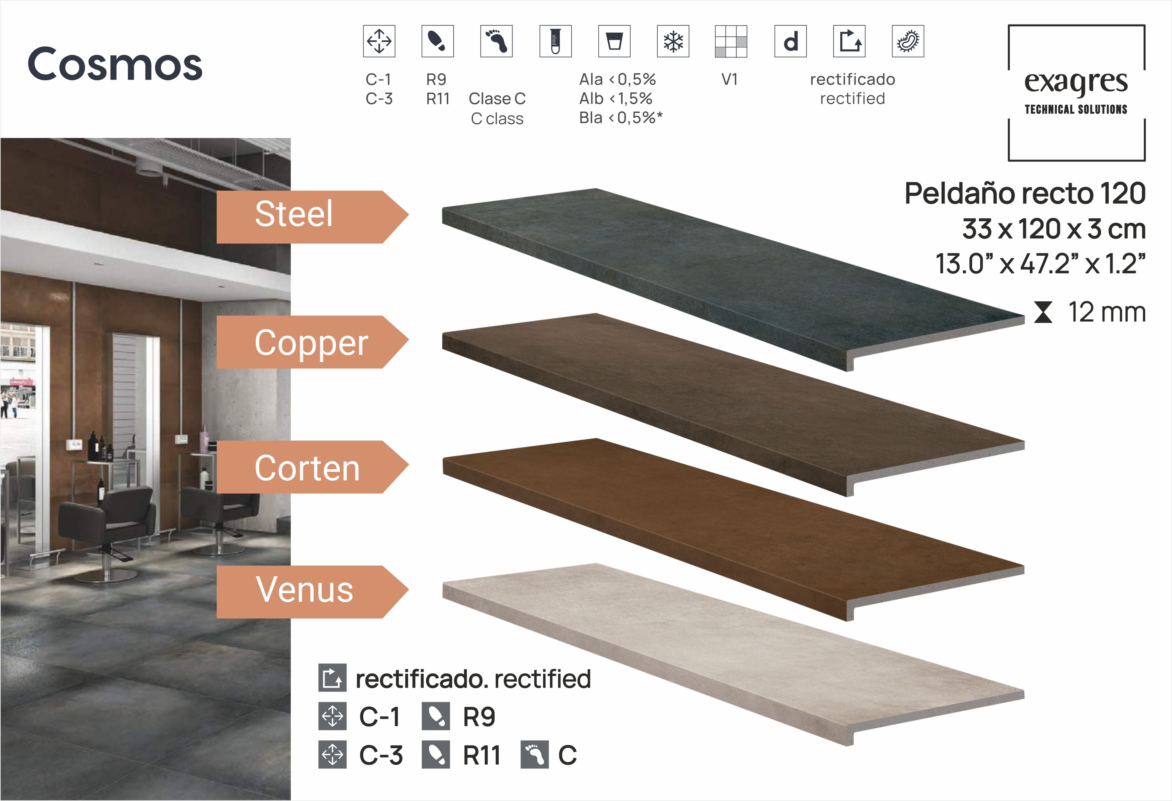 Ступень фронтальная Peldano Recto Cosmos Copper С1 33х120х1.2см матовая 2шт/уп Exagres