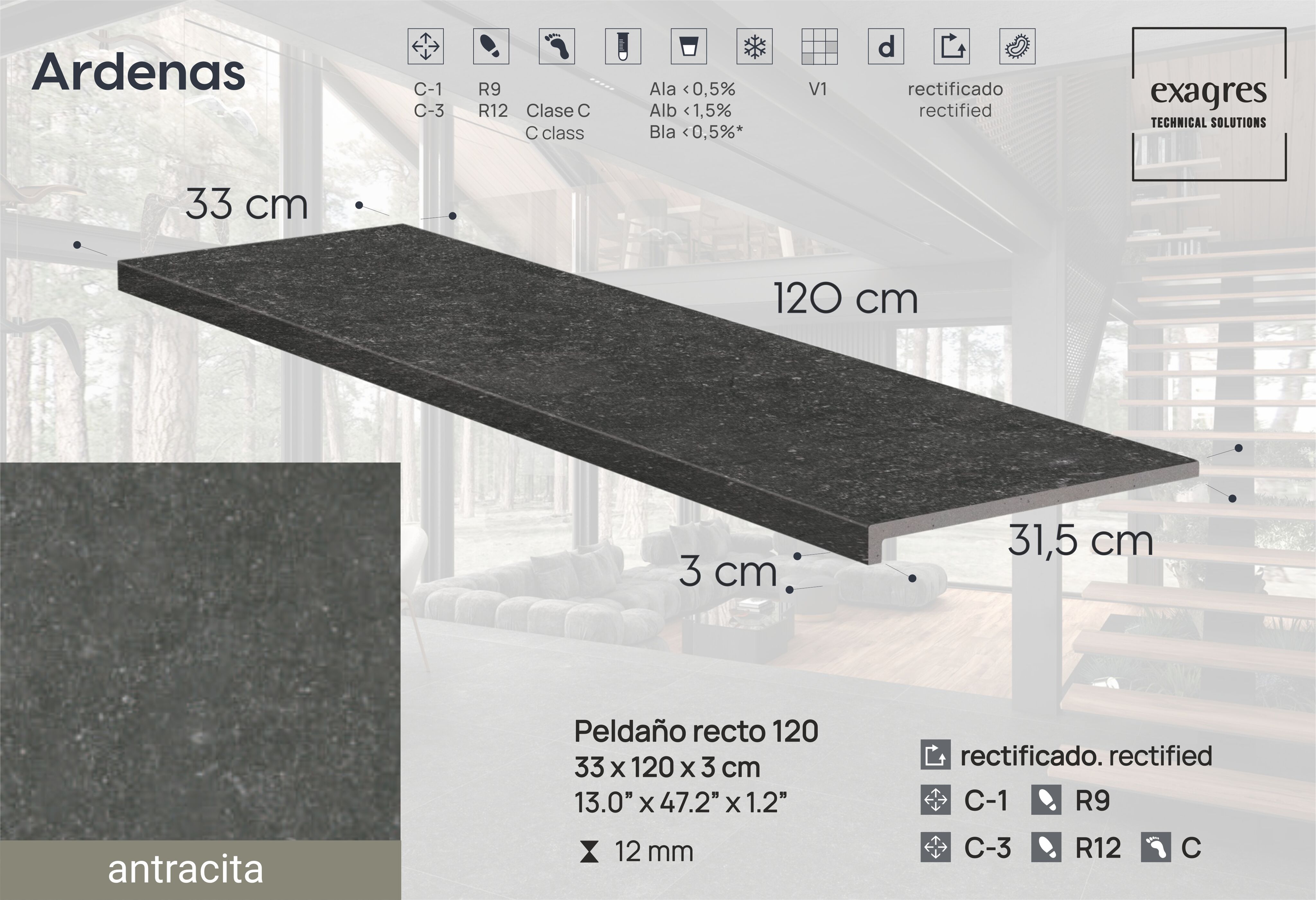 Ступень фронтальная Peldano Recto Ardenas Antracita R12 33х120х1.2 антислип 2шт/упак Exagres