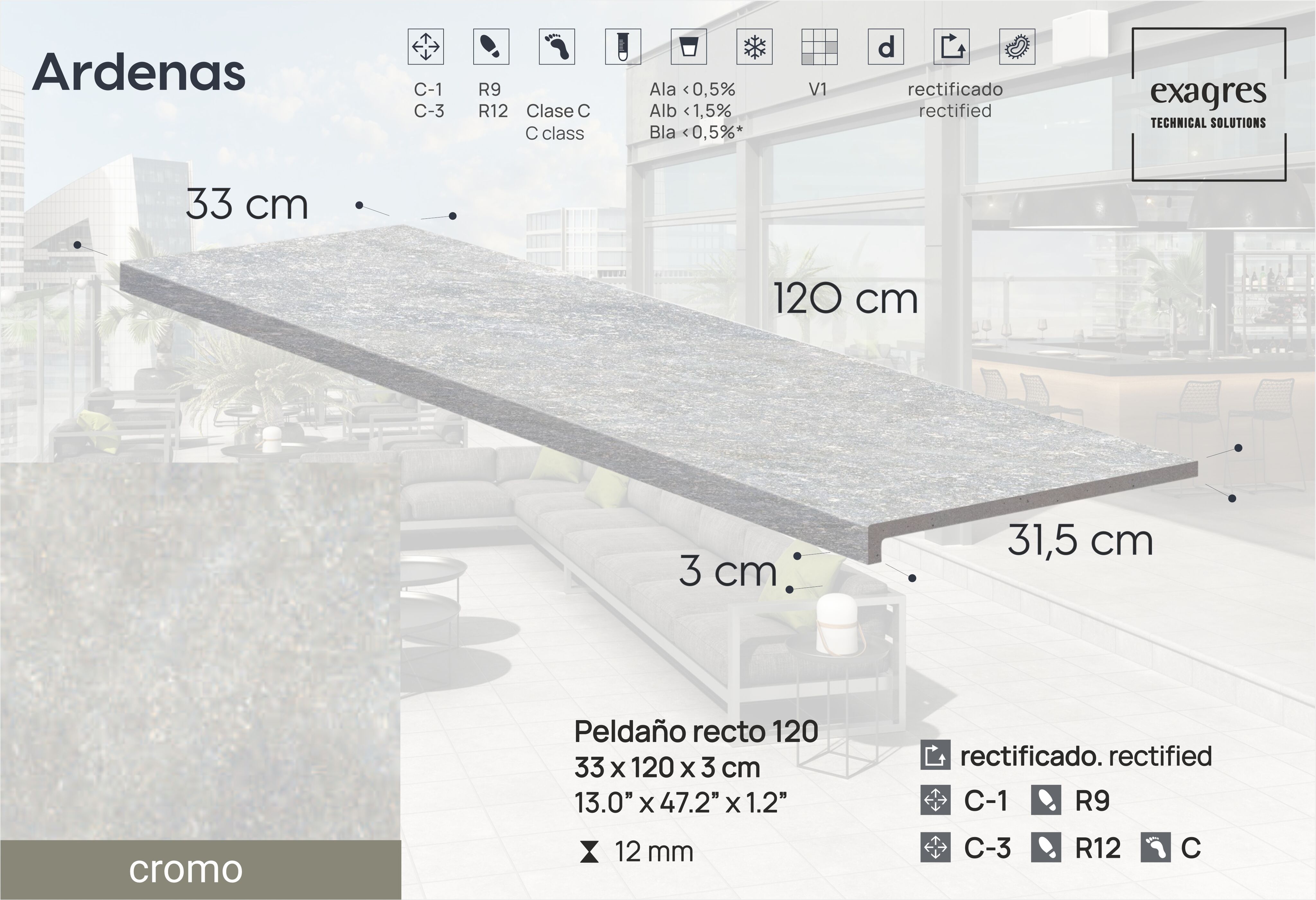 Ступень фронтальная Peldano Recto Ardenas Cromo R12 33х120х1.2 антислип 2шт/упак Exagres