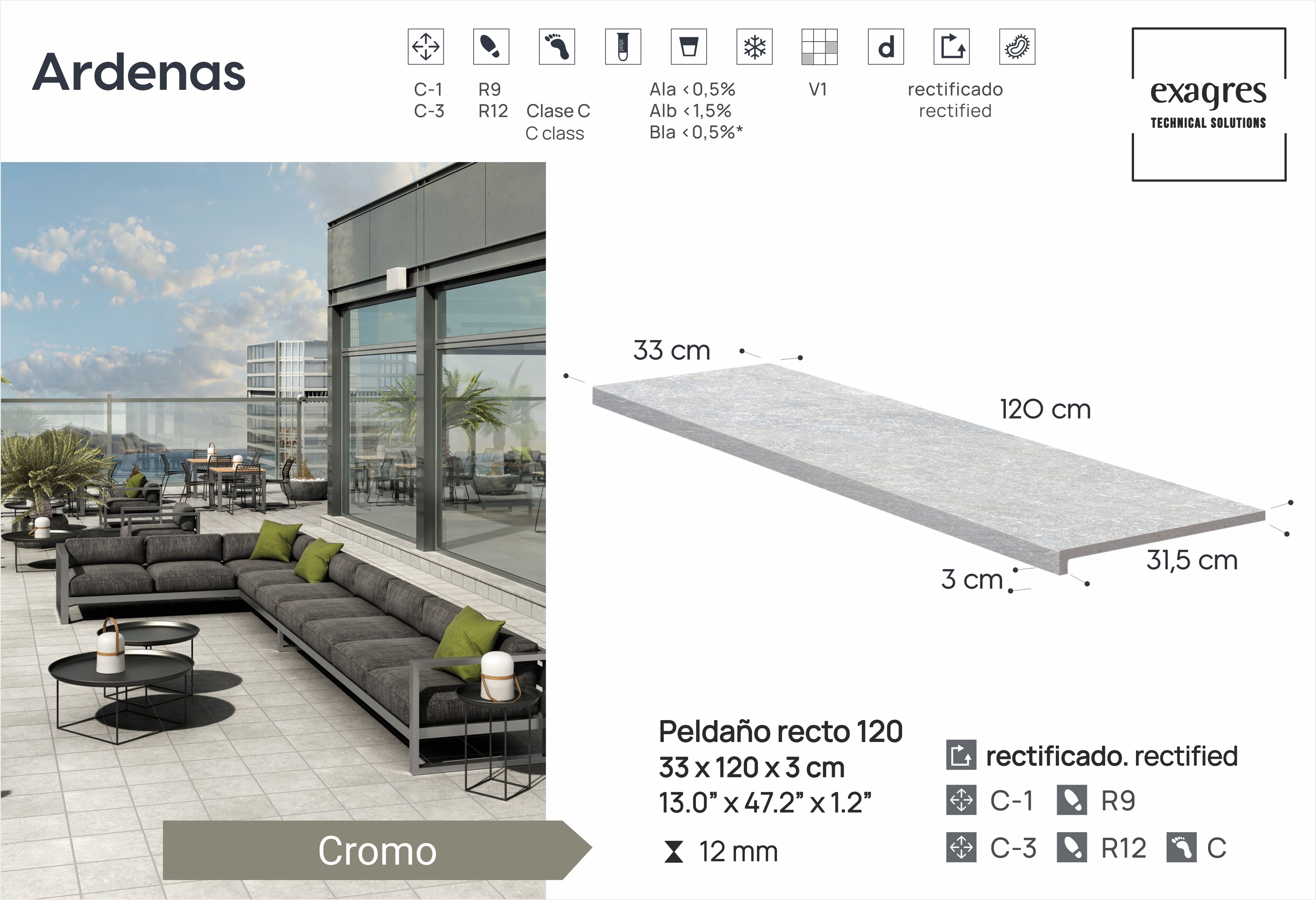 Ступень фронтальная Peldano Recto Ardenas Cromo R12 33х120х1.2 антислип 2шт/упак Exagres