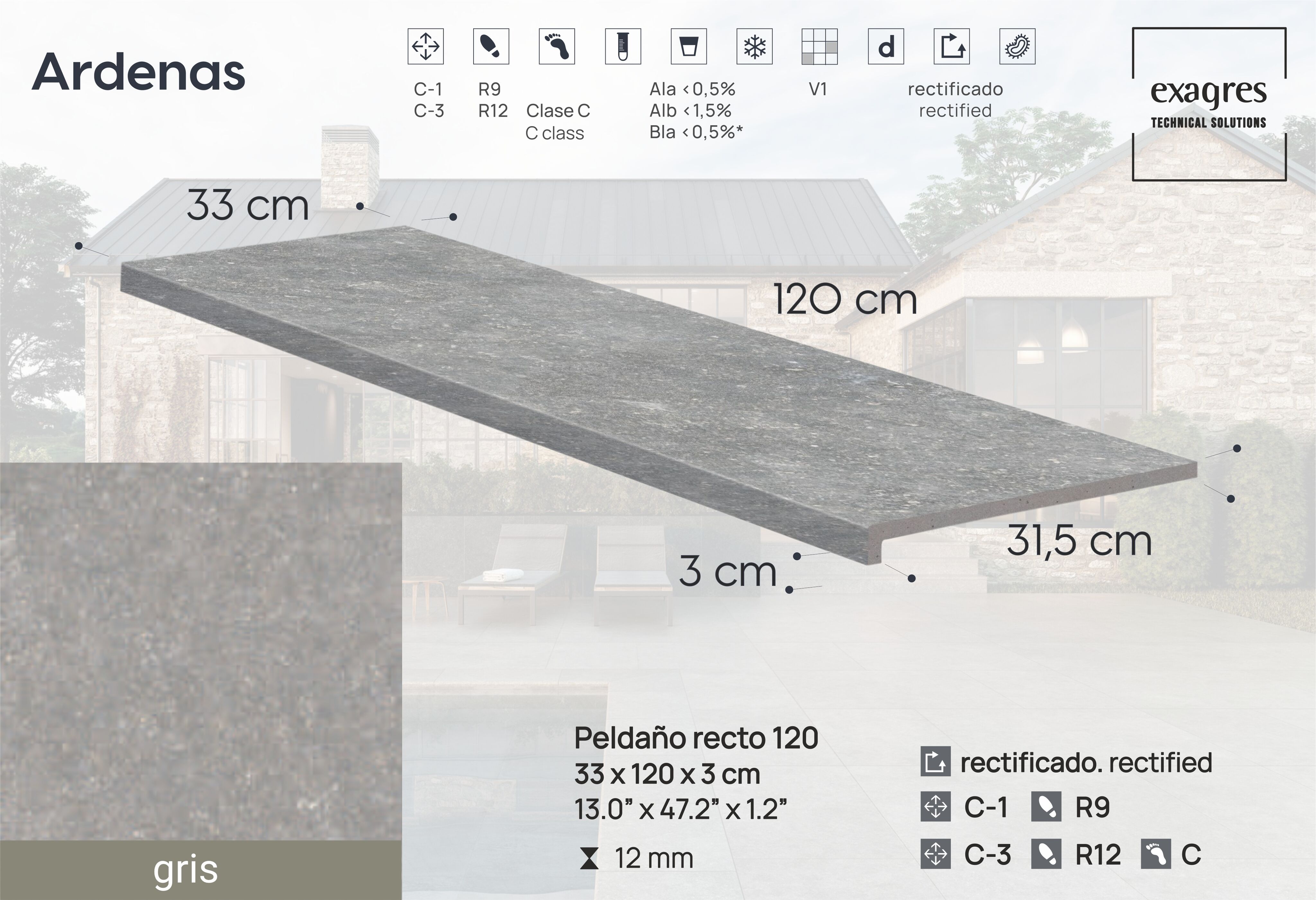 Ступень фронтальная Peldano Recto Ardenas Gris R12 33х120х1.2 антислип 2шт/упак Exagres