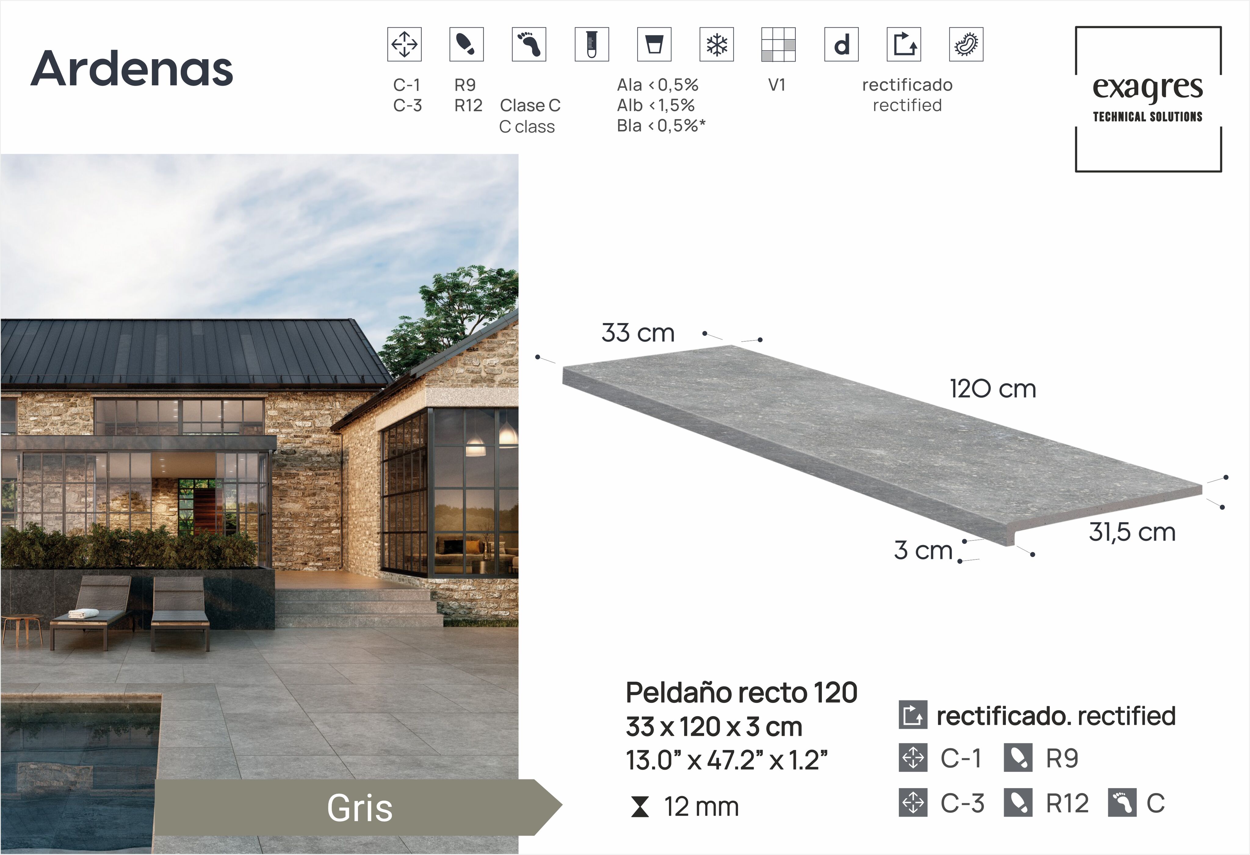 Ступень фронтальная Peldano Recto Ardenas Gris R12 33х120х1.2 антислип 2шт/упак Exagres