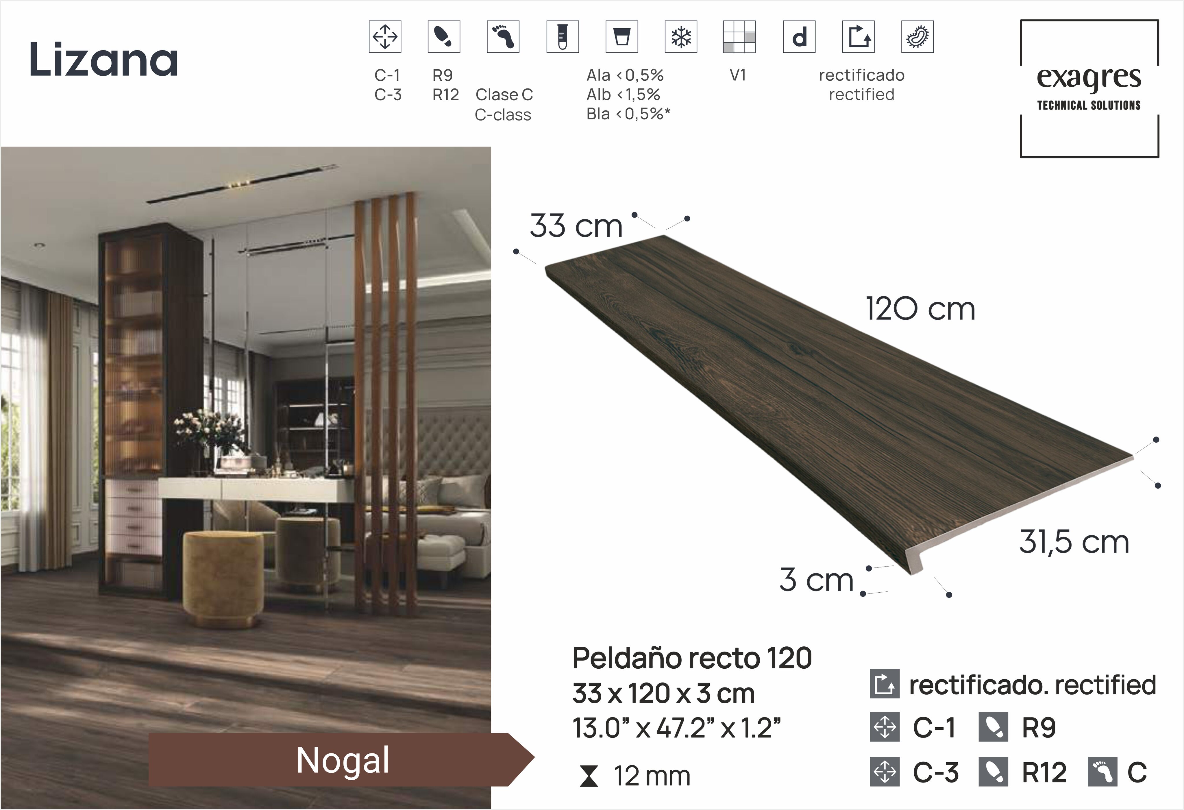 Ступень фронтальная Peldano Recto Lizana Nogal 33х120х1.2см матовая 2шт/уп Exagres