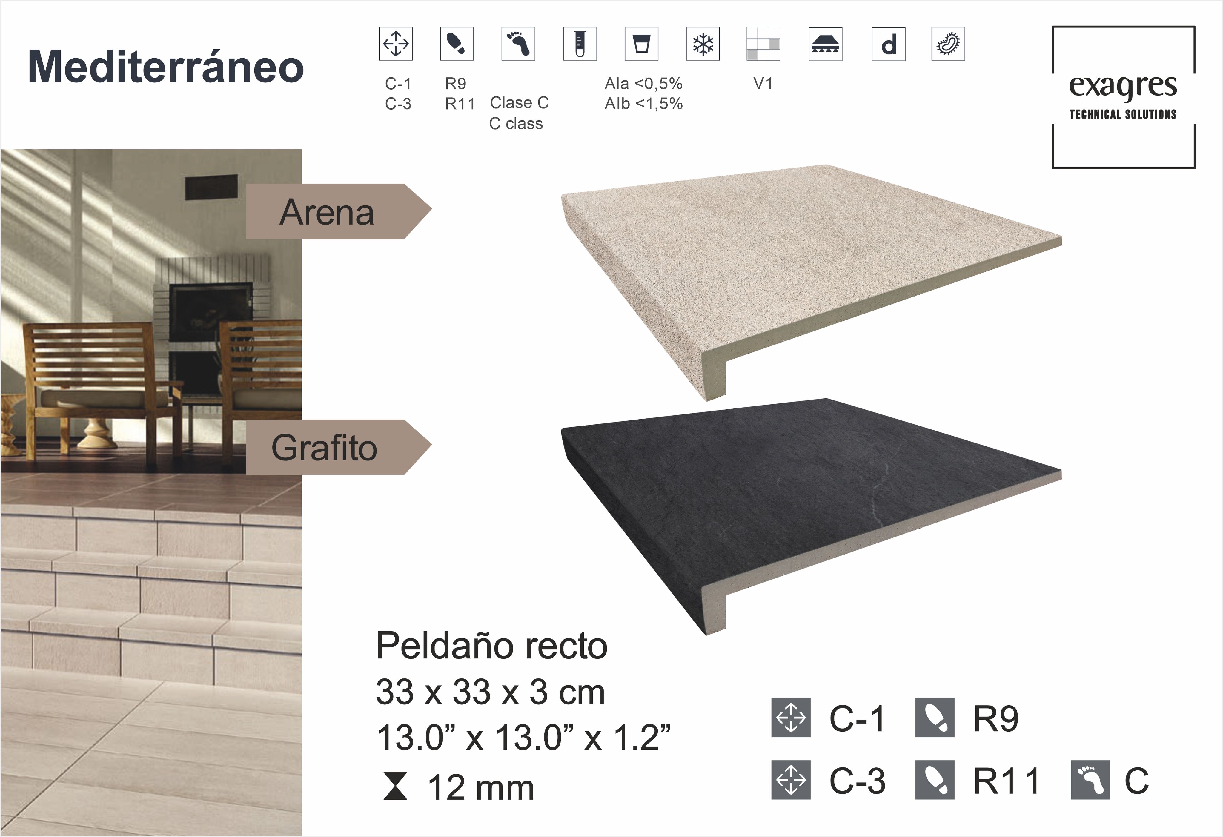 Ступень фронтальная Peldano Recto Mediterraneo Grafito 33х33х1.2 антислип 4шт/упак Exagres купить в Санкт-Петербурге Ступень фронтальная Peldano Recto Mediterraneo Grafito 33х33х1.2 антислип 4шт/упак Exagres